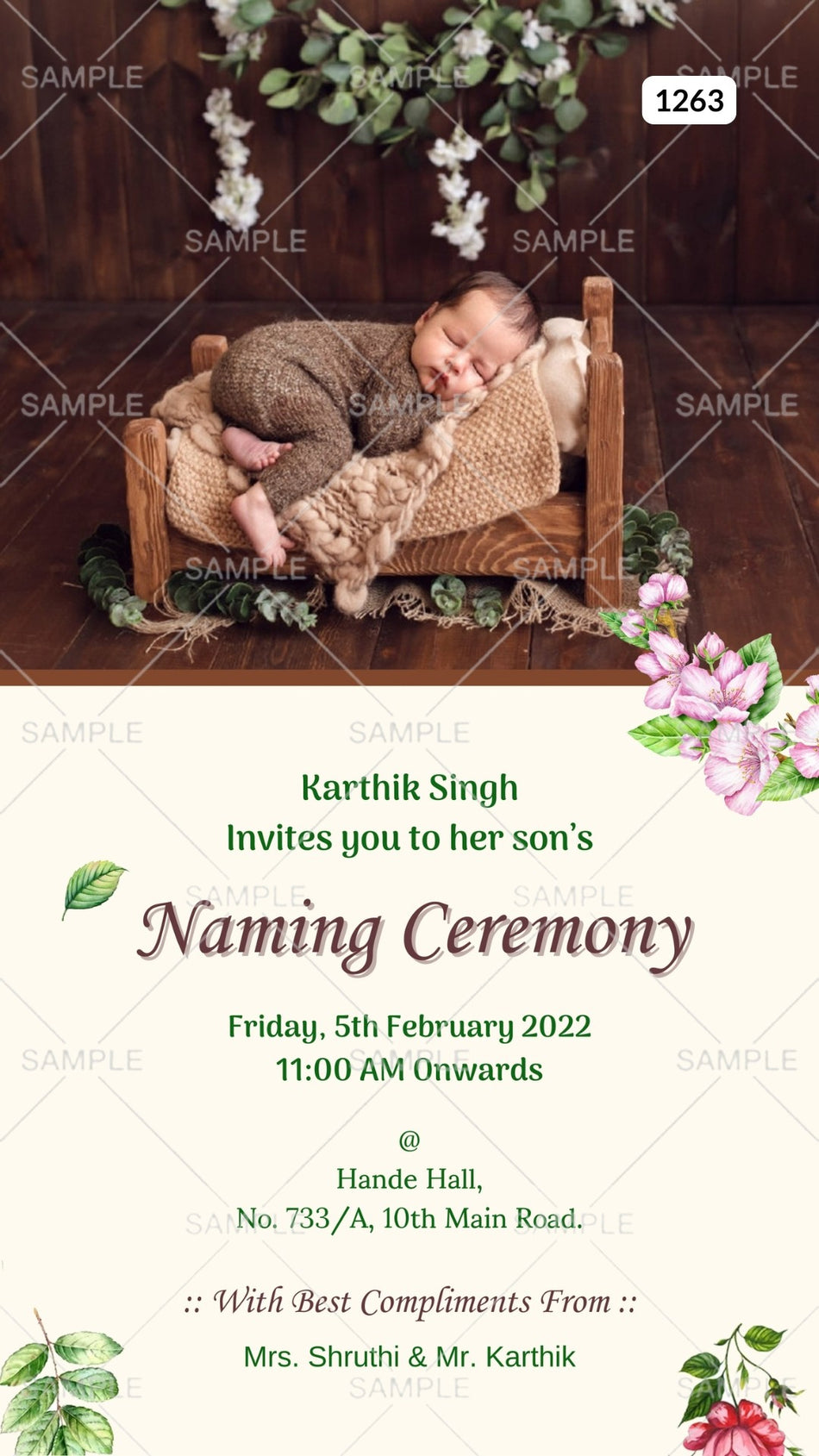 Baby Naming ceremony invitation card Canva Editable Template in english language with baby photo, leaves, flowers as woodland theme design 1263