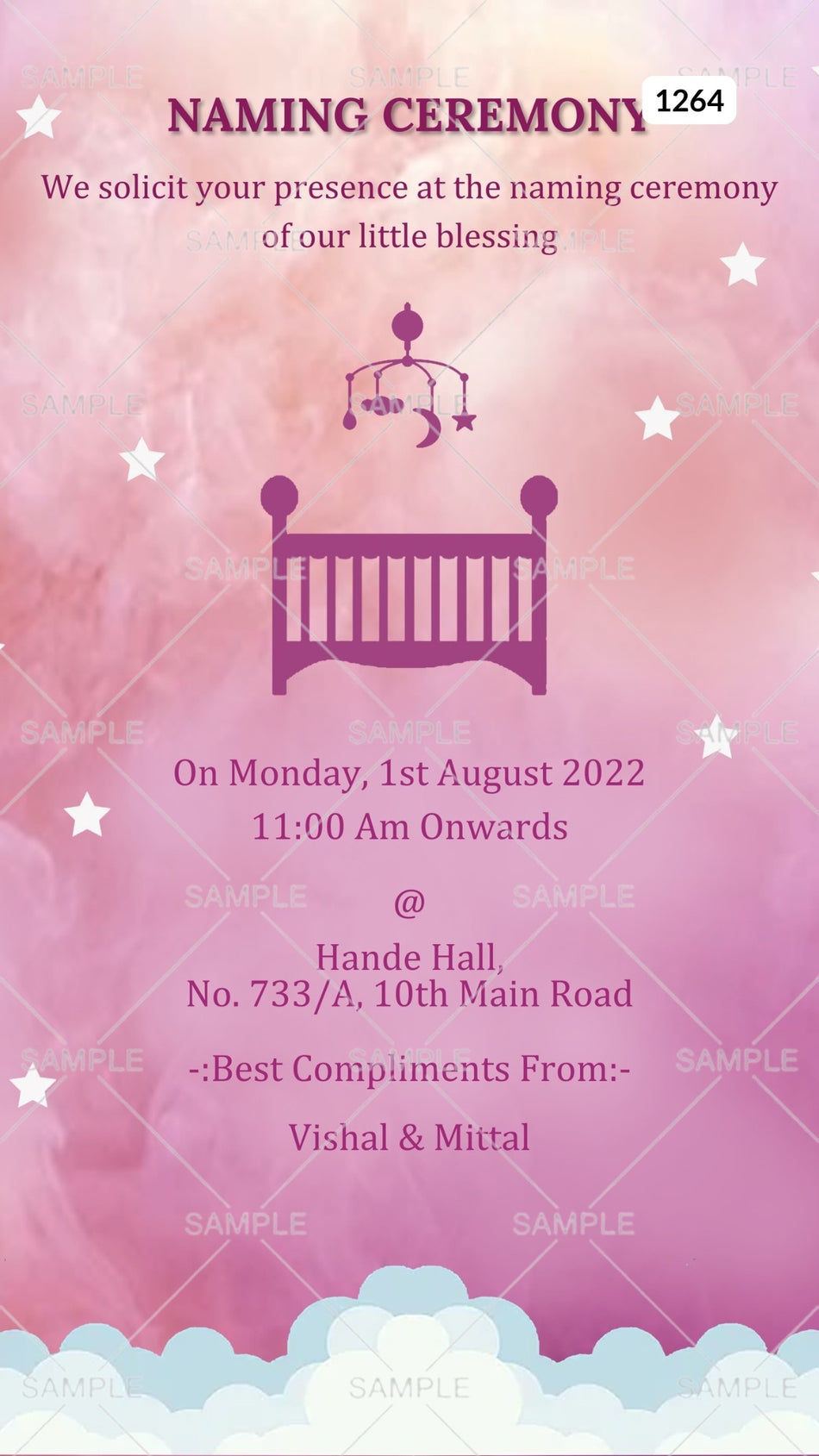 Baby Naming ceremony invitation card in english language with star, cloud, moon as minimalistic theme Canva Editable Template design 1264