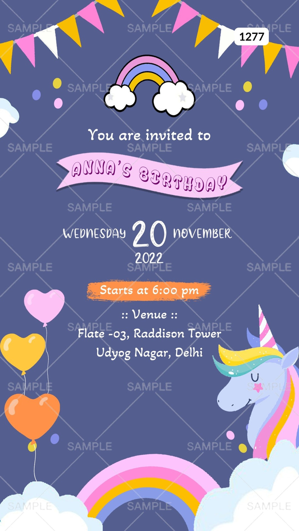 Birthday party invitation card Canva Editable Template in english language with rainbow theme design 1277