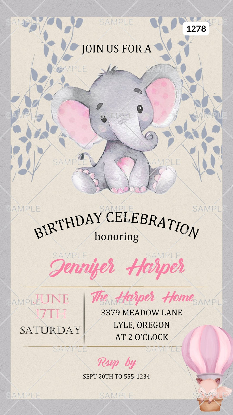 Birthday party invitation card Canva Editable Template in English language with elephant as cartoon theme design 1278