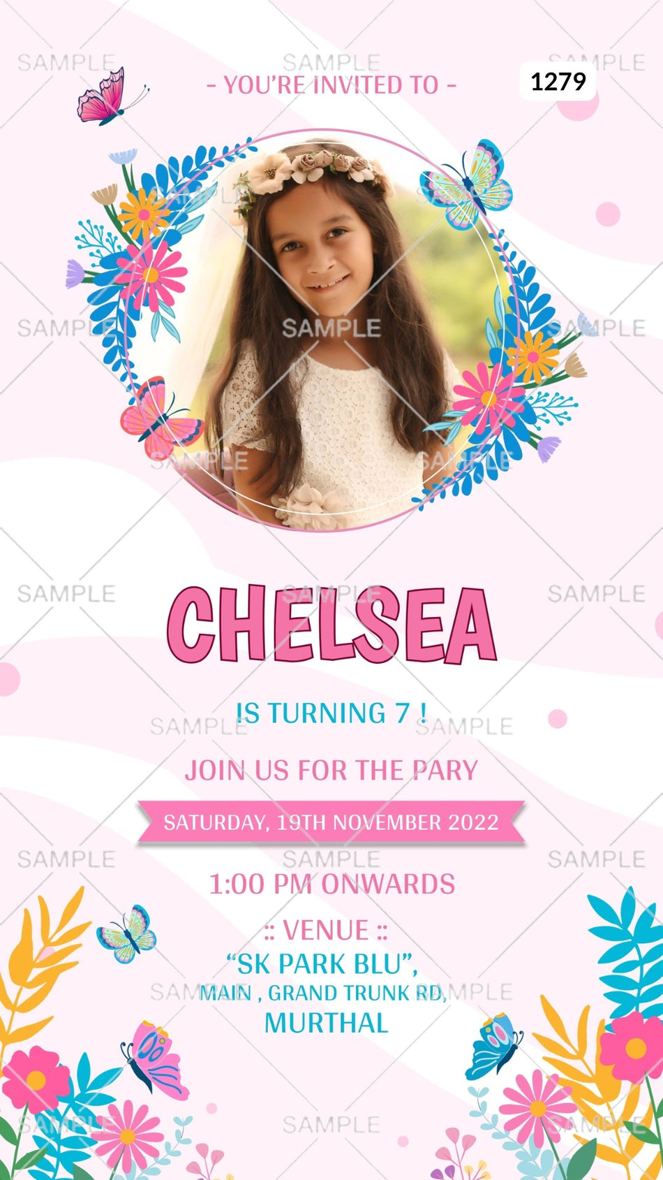 Birthday party invitation card Canva Editable Template in English language with floral theme design 1279