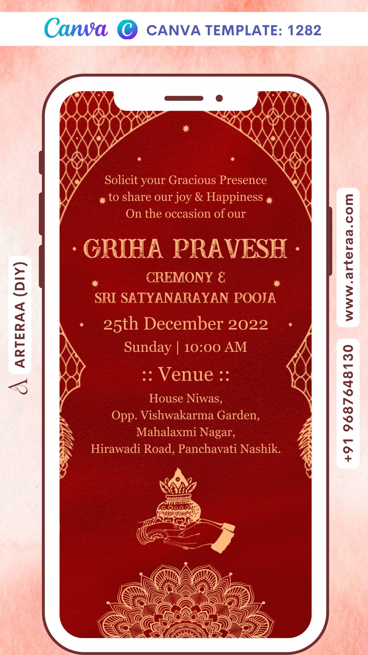 House Warming ceremony invitation card Canva Editable Template in english language with kalash, mandala as traditional arch theme design 1282