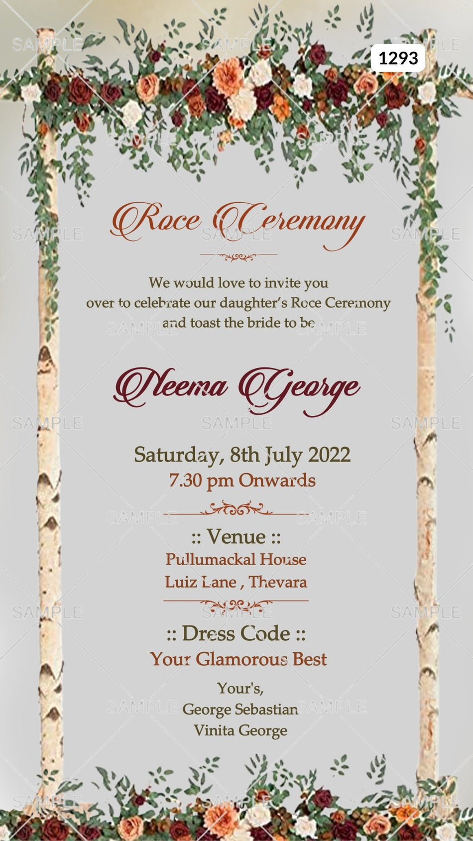 Roce ceremony invitation card Canva Editable Template in english language with flowers, frame as vintage theme design 1293