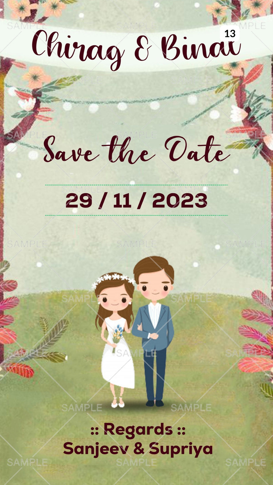 Save the Date card in english language with stylish couple doodle as garden theme Canva Editable Template design 13