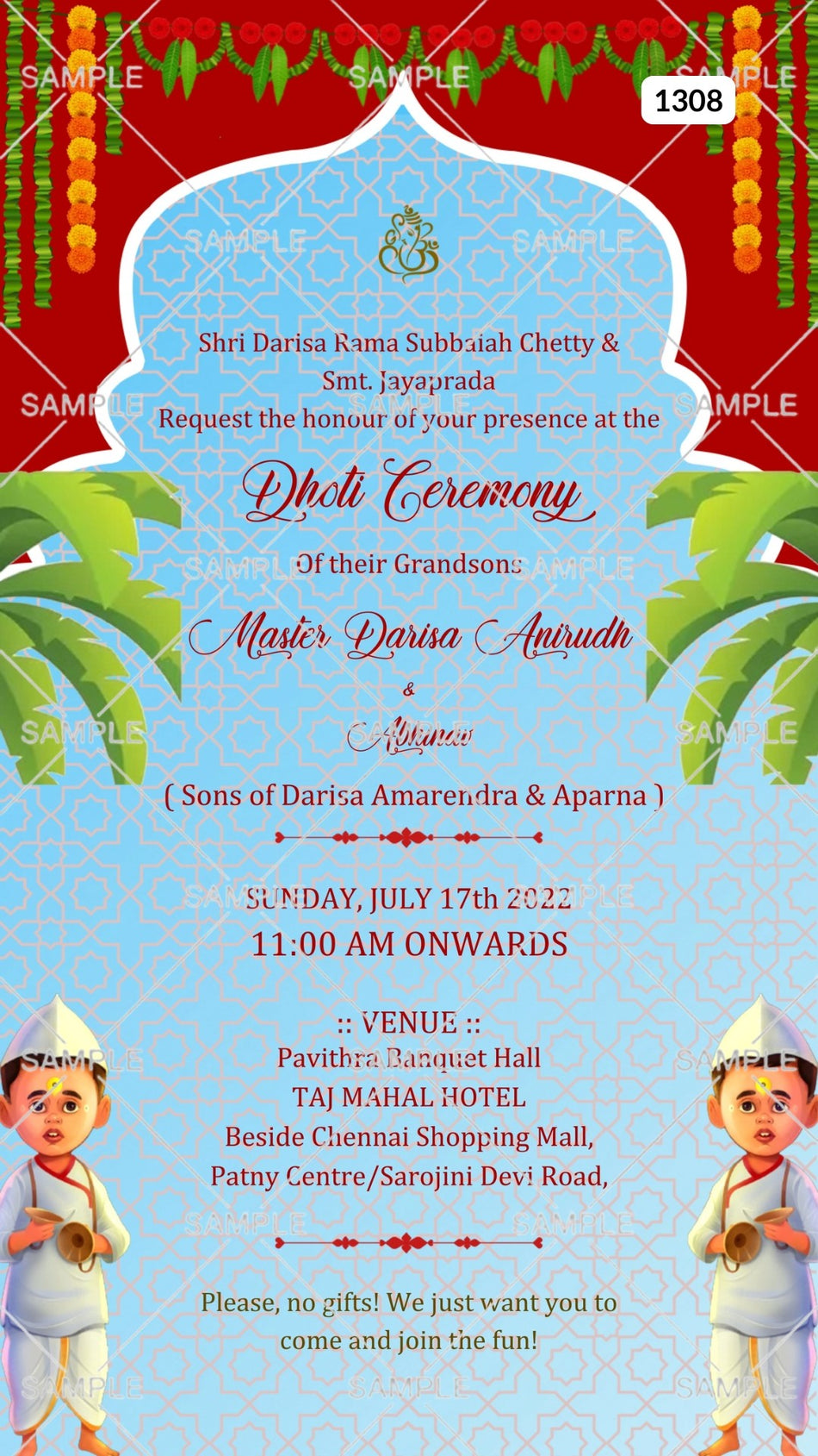 Dhoti ceremony invitation card Canva Editable Template in English language with Arch theme design 1308