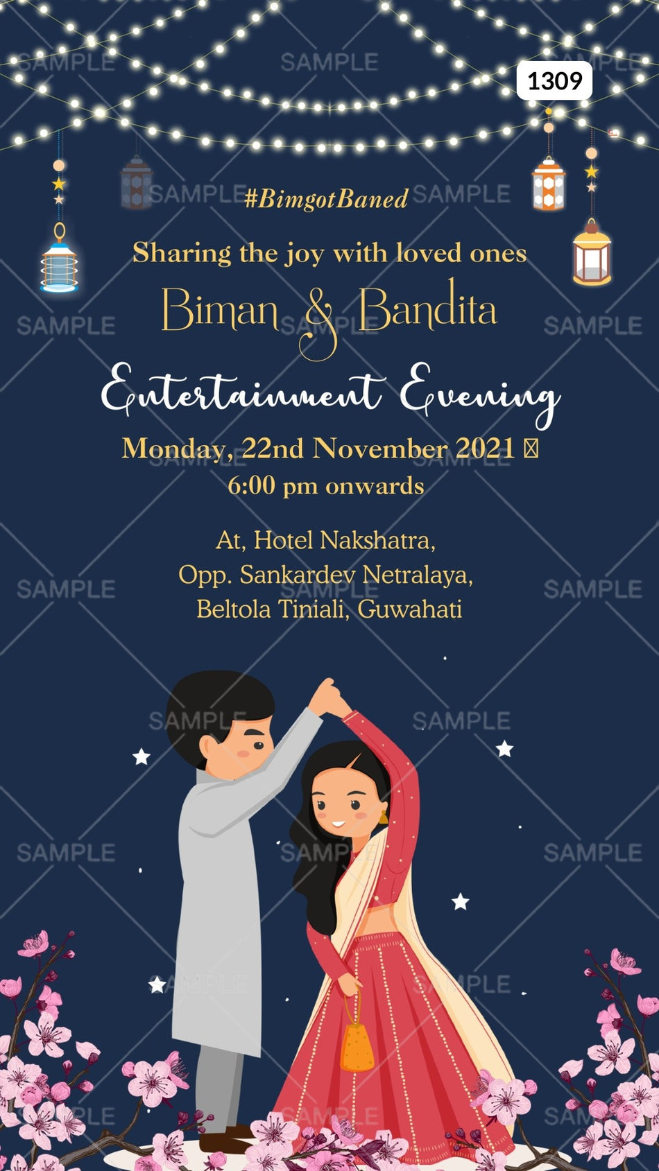 Sangeet Sandhya Ceremony invitation card Canva Editable Template in english language with string lights, couple doodle as glittery theme design 1309