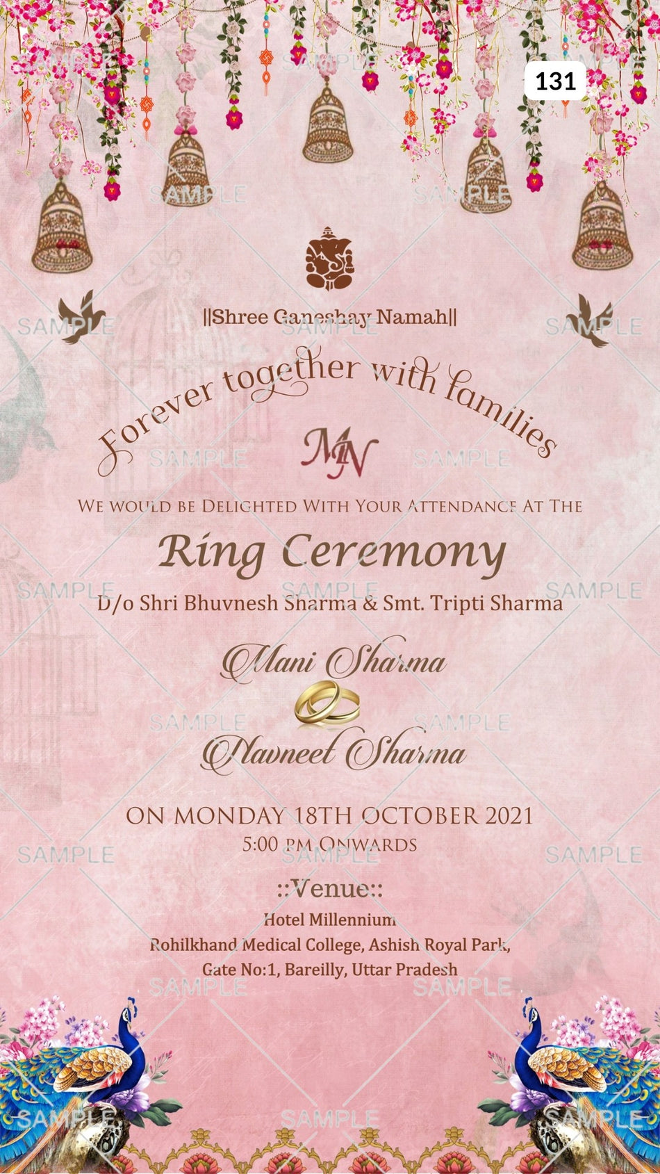 Engagement ceremony invitation card Canva Editable Template in english language with peacock, lantern, flowers as traditional theme design 131