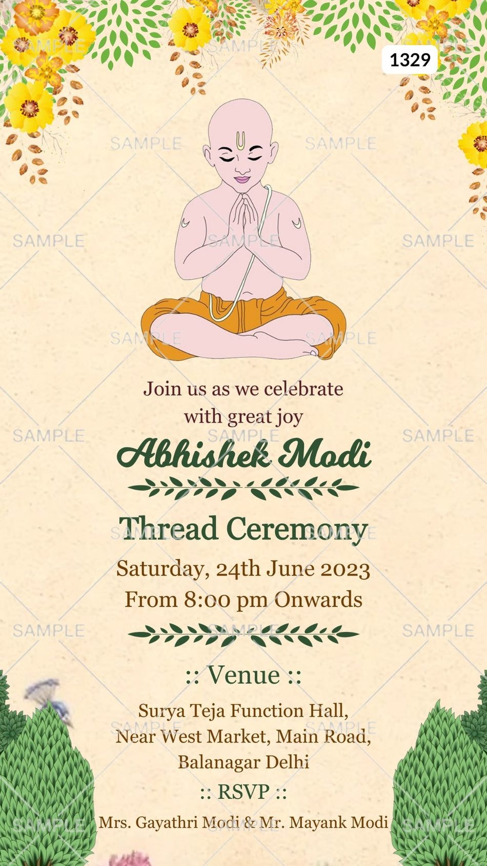 Thread ceremony invitation card Canva Editable Template in english language with yagnopaveet doodle, flowers as floral theme design 1329