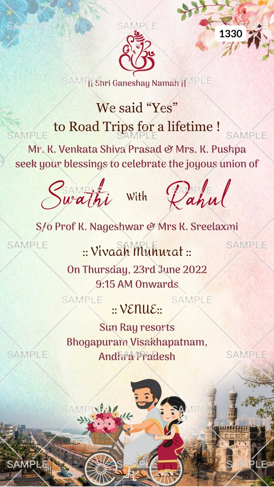 Wedding ceremony invitation card Canva Editable Template of hindu south indian telugu family in english language with  two state romantic theme design 1330