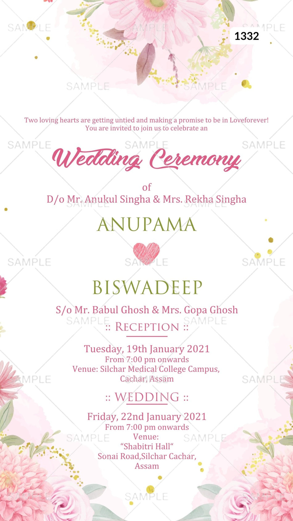 Wedding ceremony invitation card Canva Editable Template of hindu Assamese family in english language with  floral theme design 1332