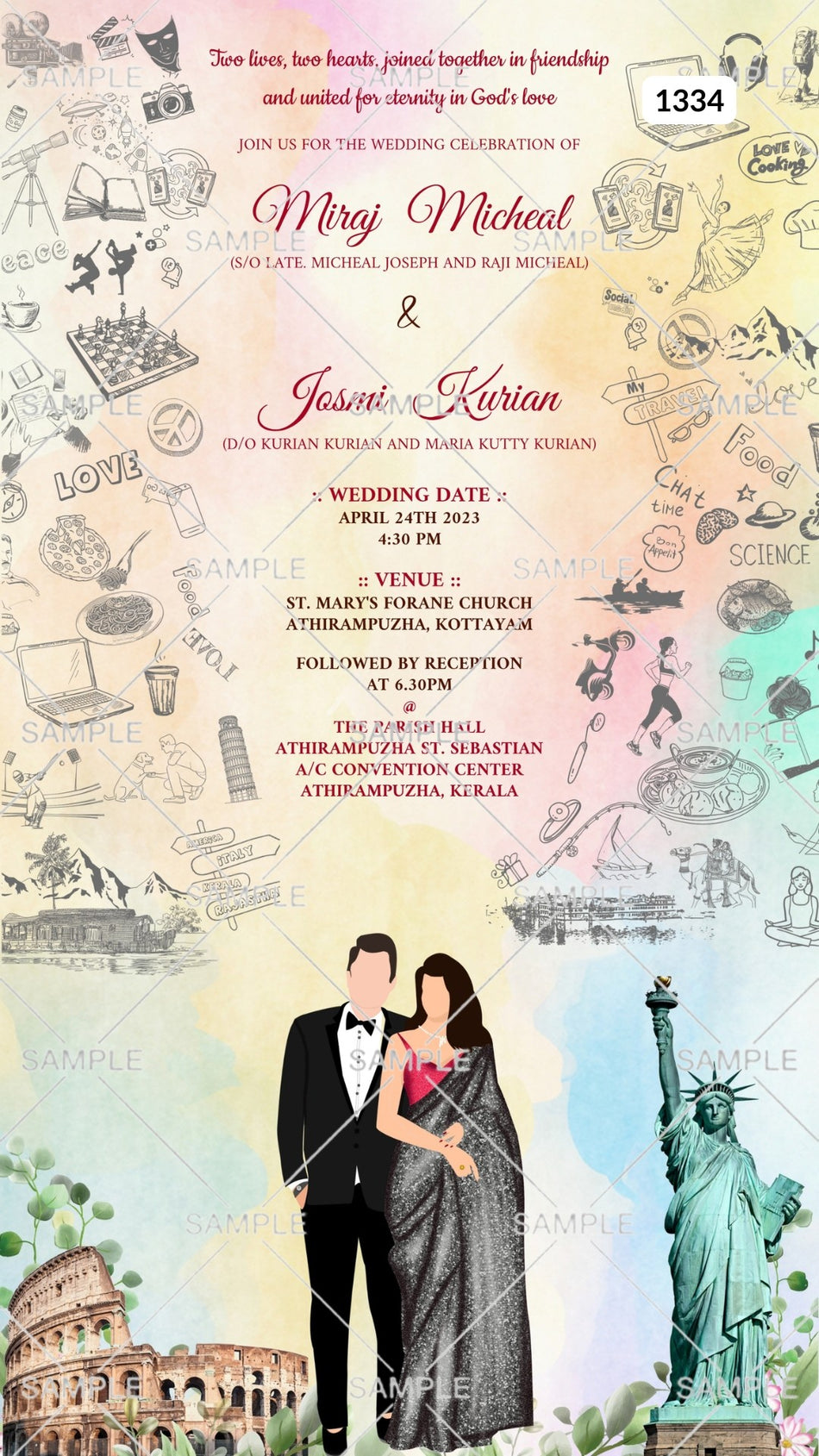 Charming couple doodle invitation card Canva Editable Template for the wedding ceremony of Hindu south indian Malayali family in english language with different hobbies theme design 1334