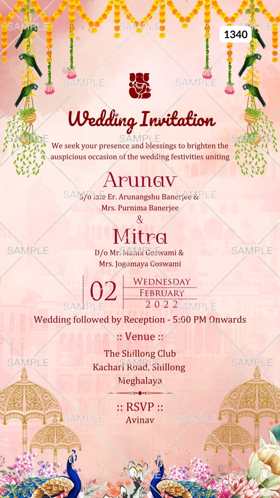 Wedding ceremony invitation card Canva Editable Template of hindu north indian family in english language with traditional theme design 1340