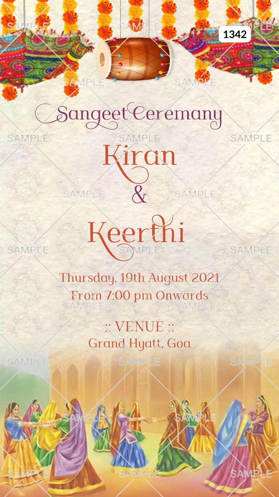 Sangeet Sandhya Ceremony invitation card Canva Editable Template in english language with drums, garland as vintage theme design 1342
