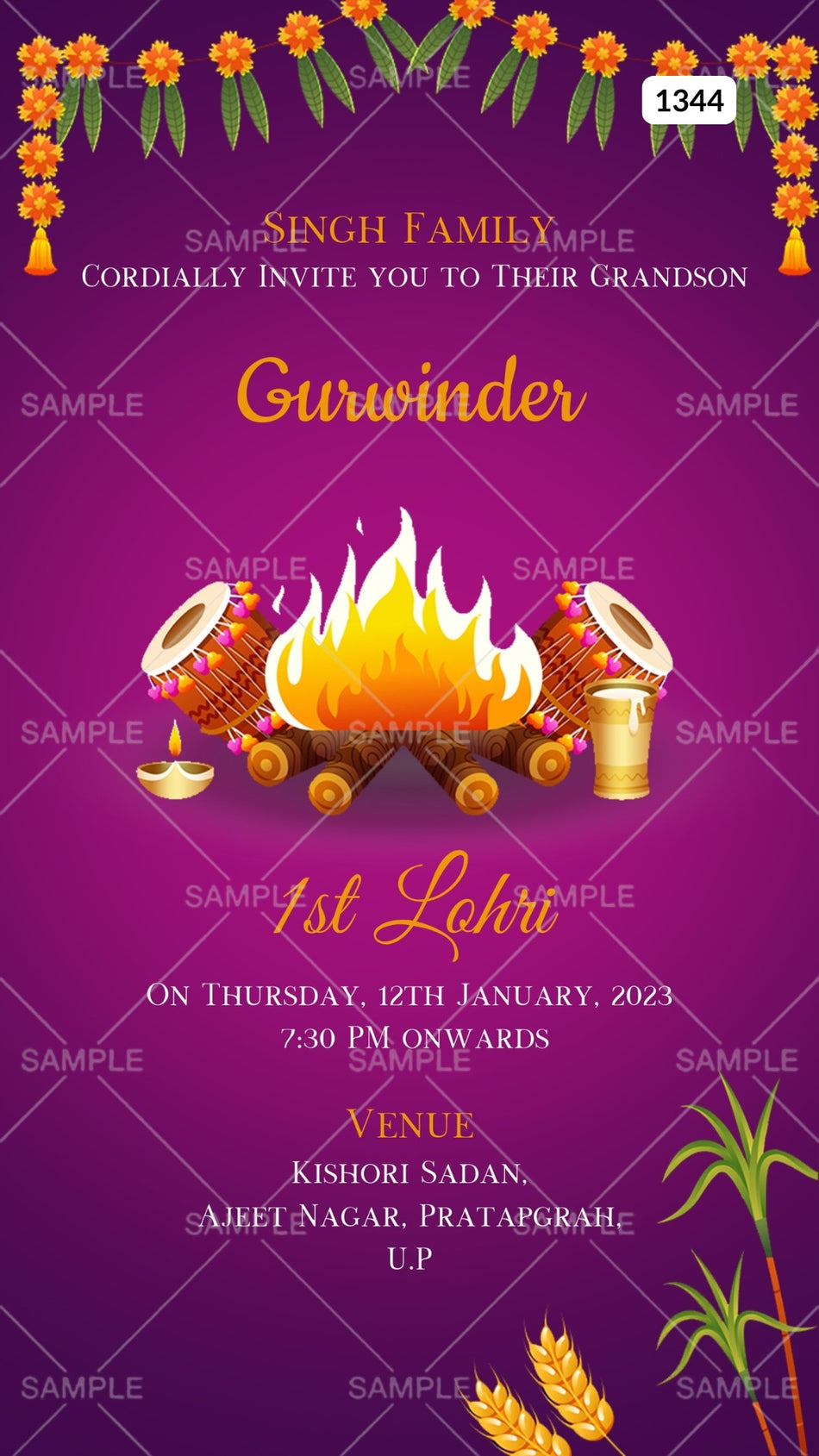 Lohri invitation card Canva Editable Template in english language with bonfire, dholki, flowers as minimalistic theme design 1344