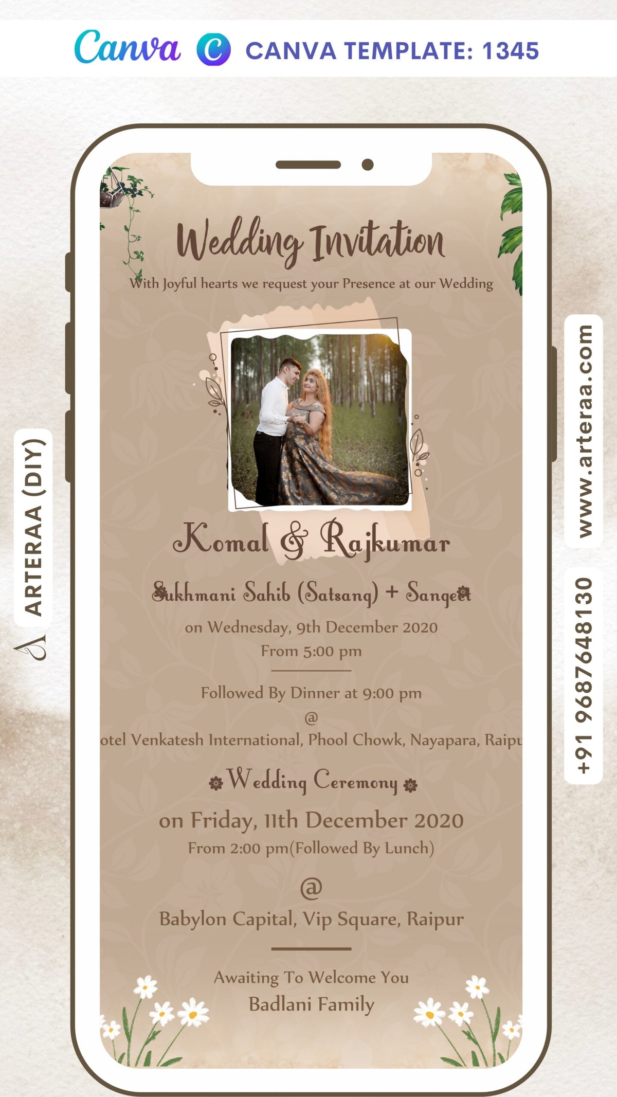 Wedding ceremony invitation card Canva Editable Template of hindu Maharashtrian family in english language with vintage theme design 1345