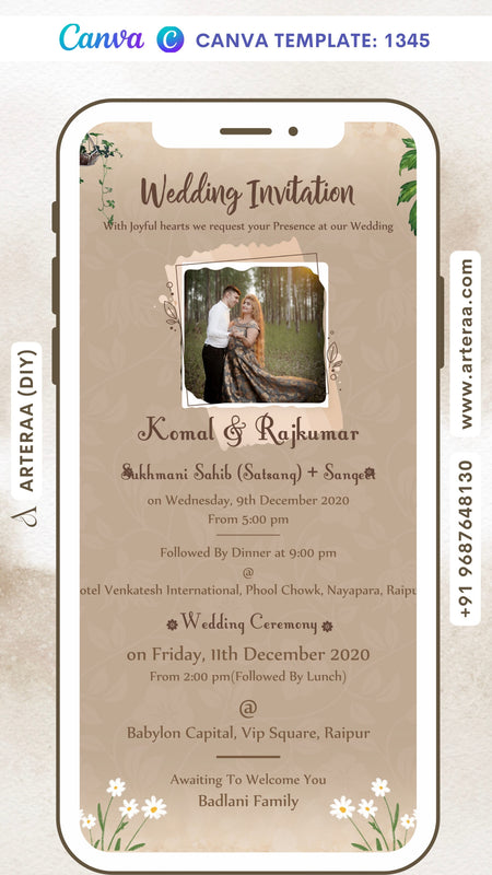 Wedding ceremony invitation card Canva Editable Template of hindu Maharashtrian family in english language with vintage theme design 1345