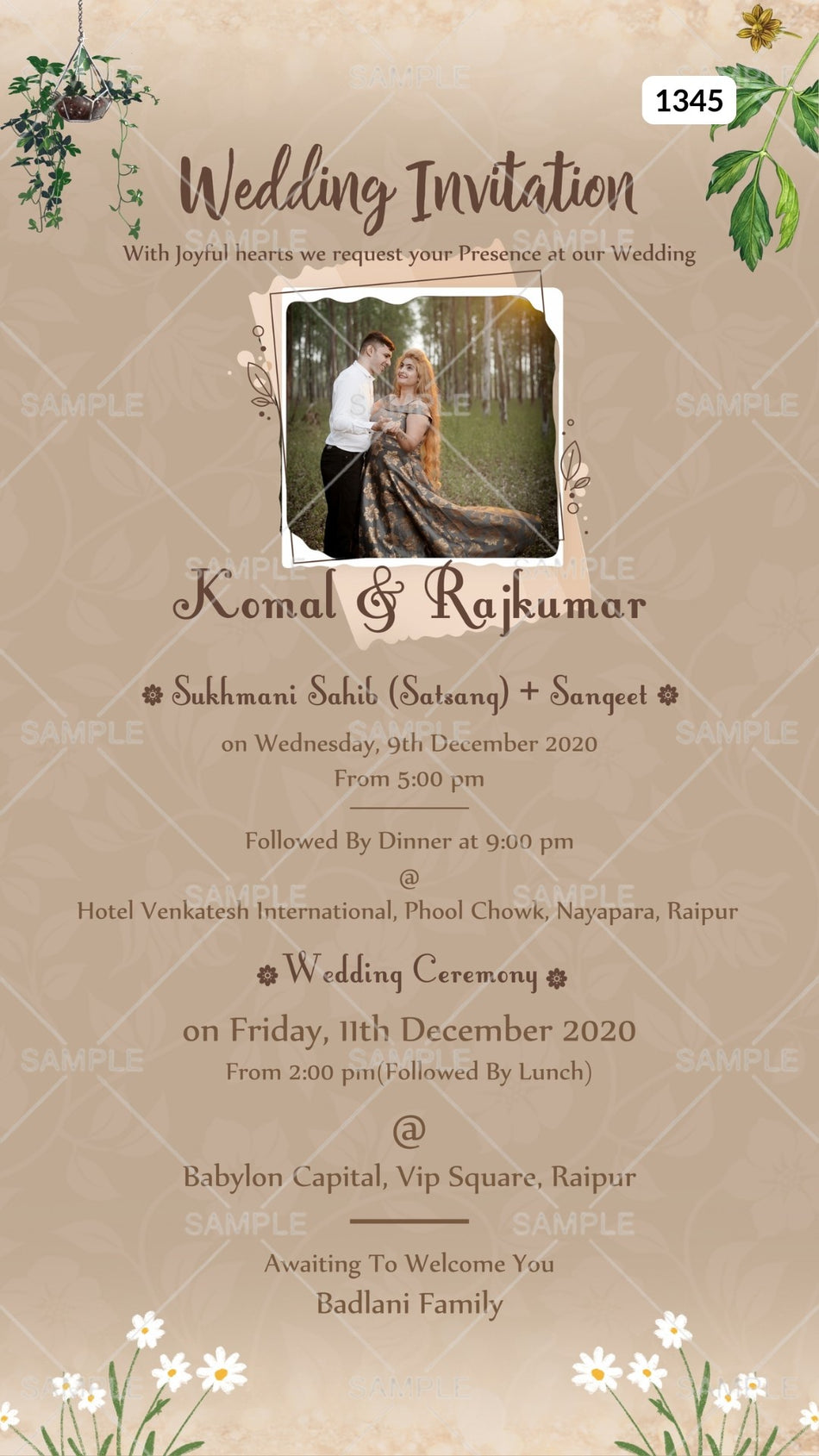 Wedding ceremony invitation card Canva Editable Template of hindu Maharashtrian family in english language with vintage theme design 1345