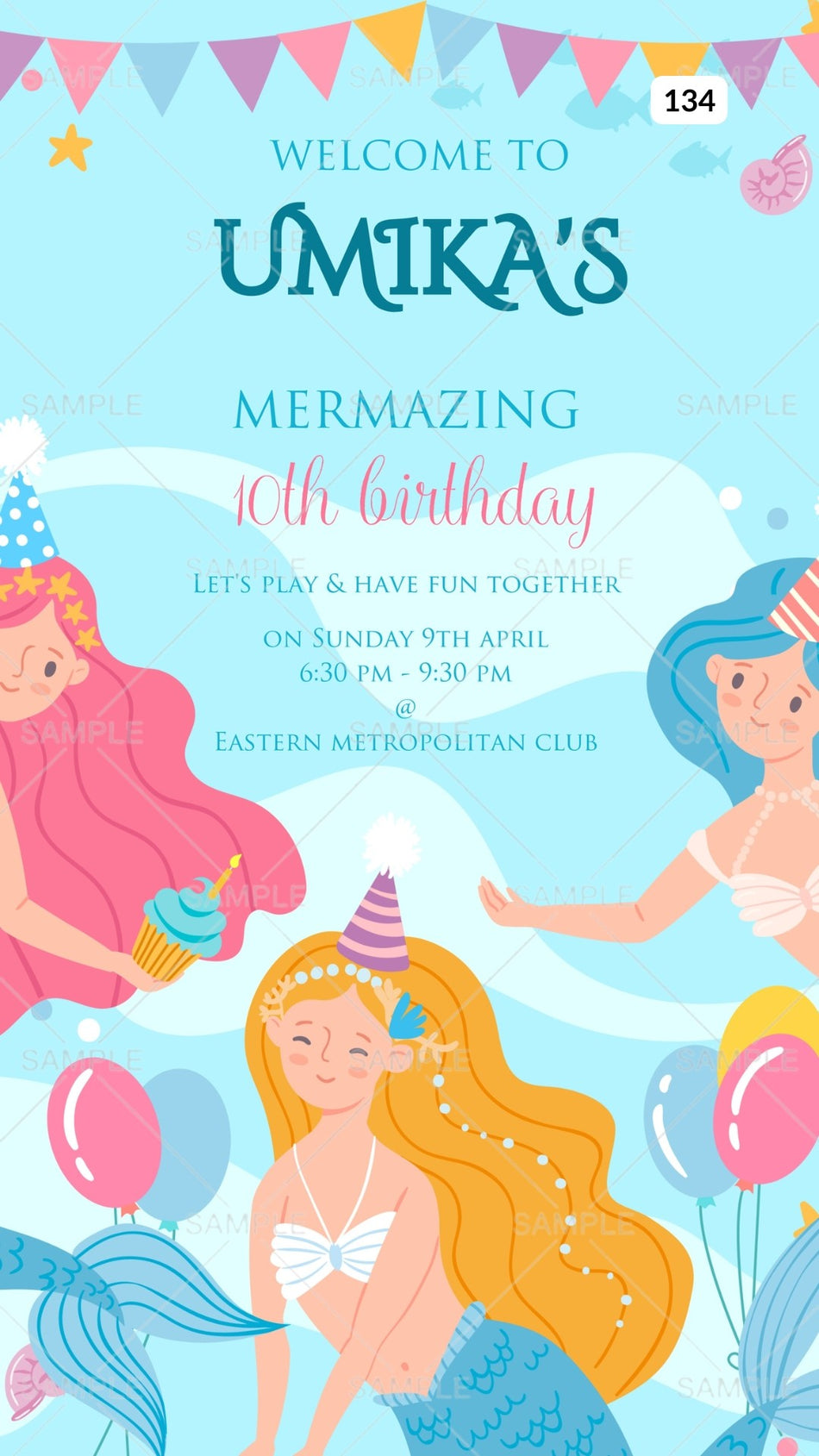 Birthday party invitation card Canva Editable Template for girl in English language with Under the Sea theme design 134