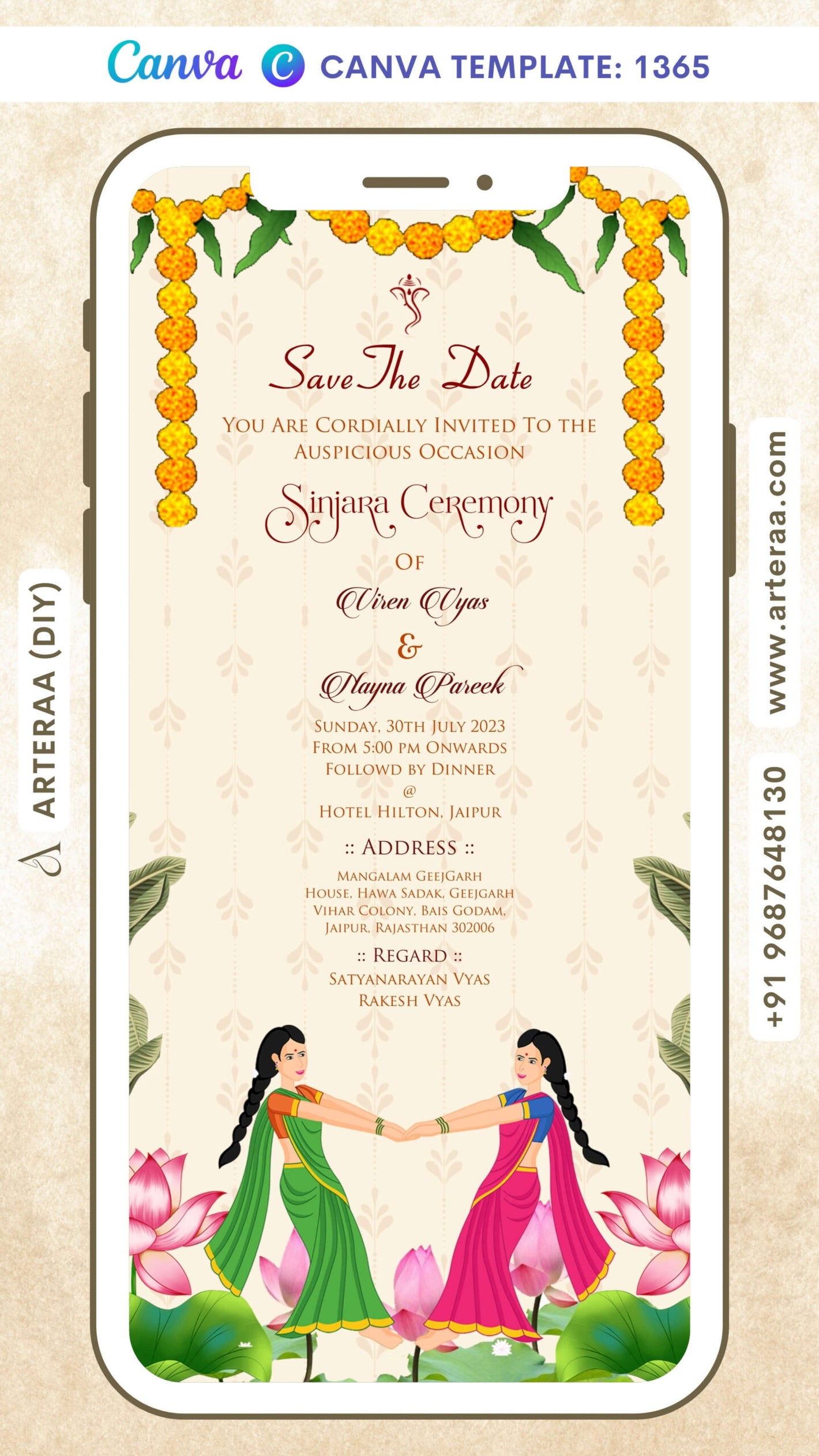 Sinjara ceremony invitation Canva Editable video Template in english language with lotus, girls doodle as floral theme design 1365