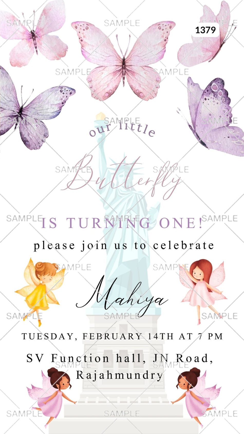 Birthday party invitation card Canva Editable Template for girl in english language with butterfly as fairy theme design 1379