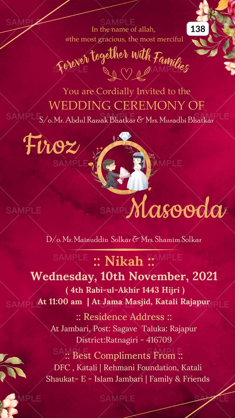 Nikah ceremony invitation card Canva Editable Template of Muslim family in english language with Floral theme design 138