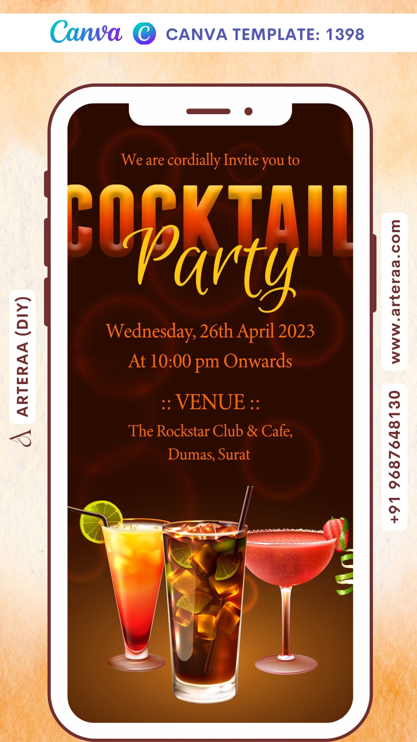 Cocktail Party invitation card Canva Editable Template in english language with elegant theme design 1398