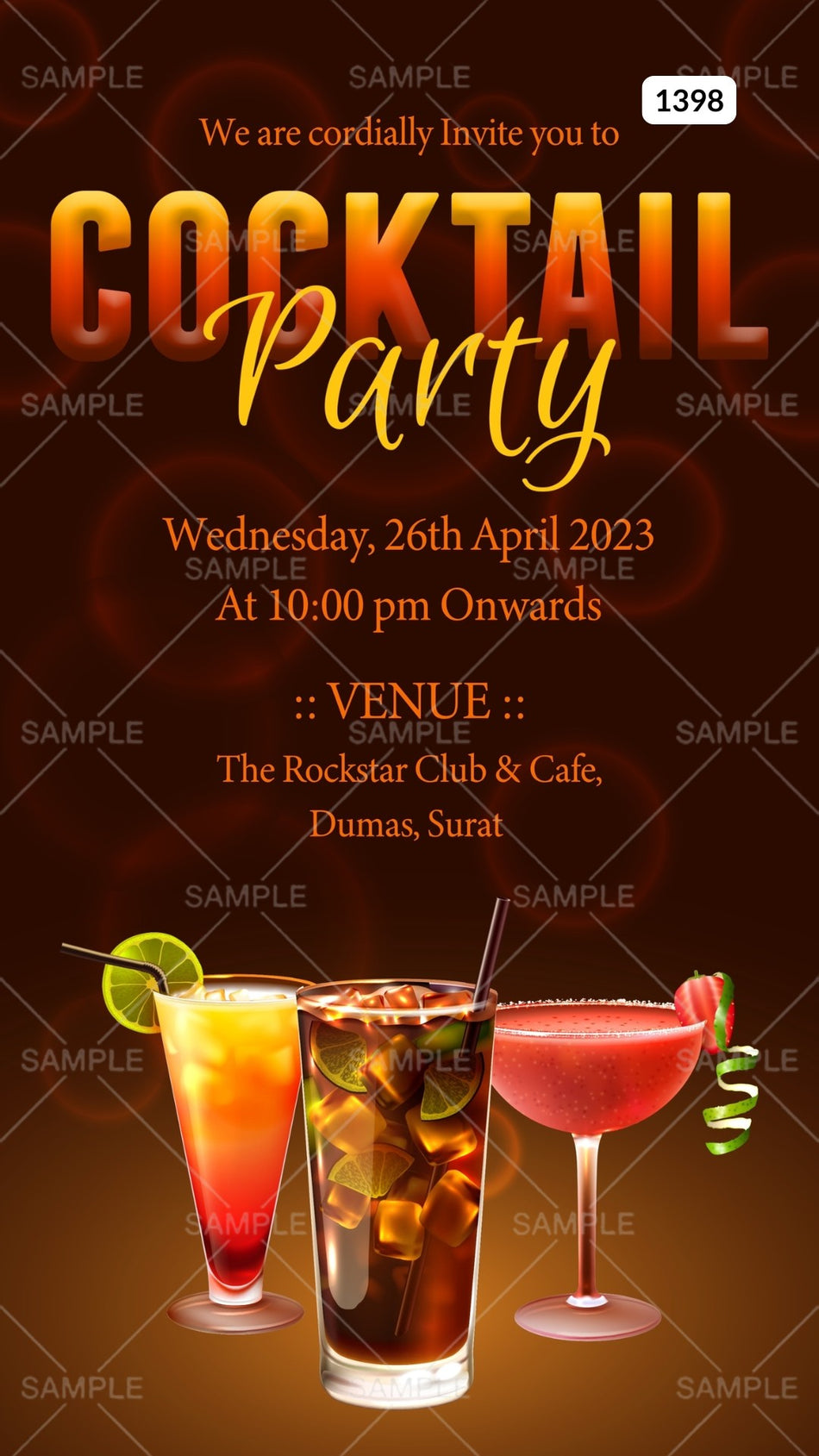 Cocktail Party invitation card Canva Editable Template in english language with  elegant theme design 1398