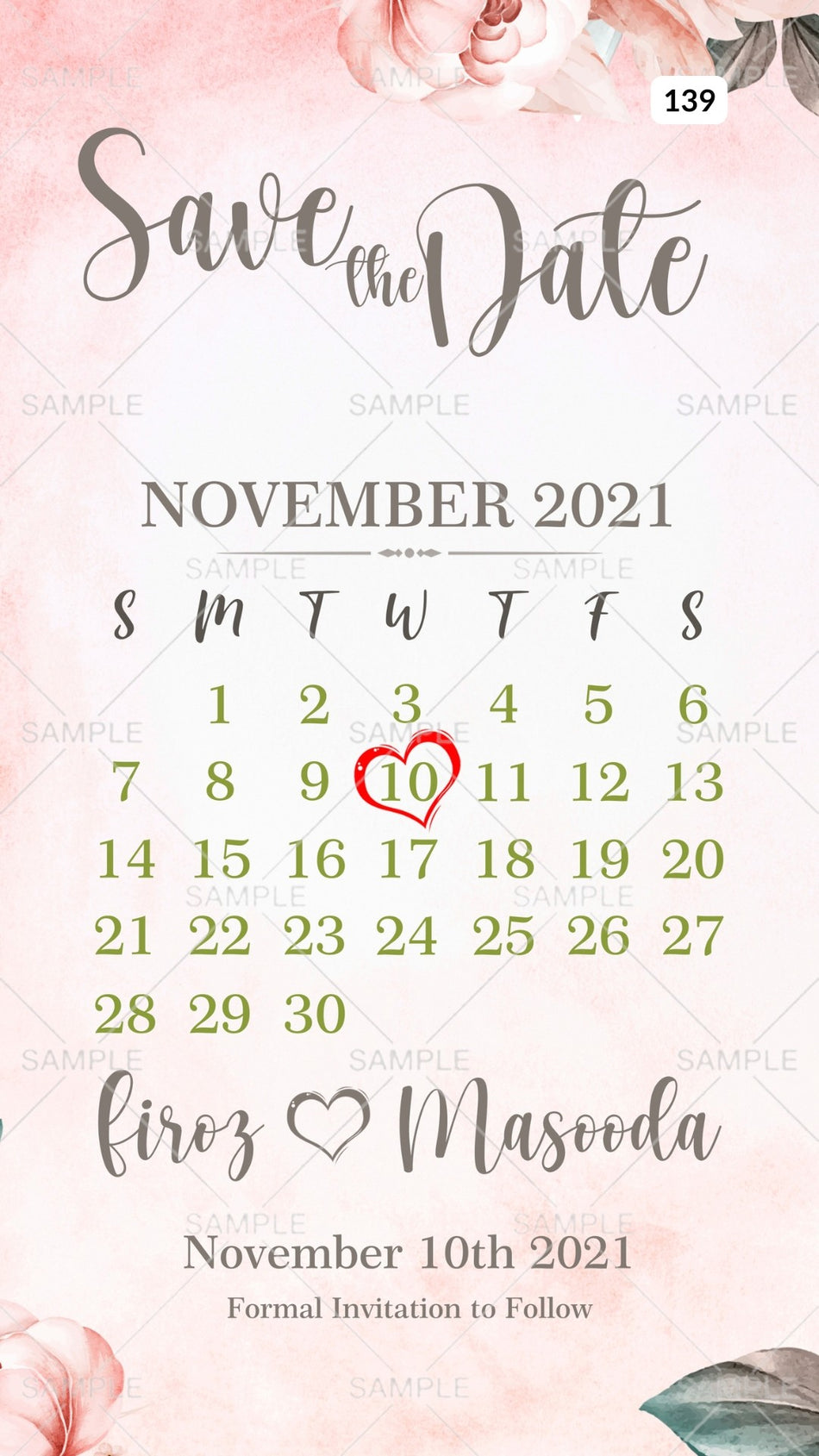 Save the Date card Canva Editable Template in english language with leaves, calendar as floral theme design 139