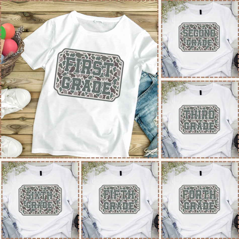 First Grade Camo PNG Bundle | 7 Back to School Designs | Teacher & Student Sublimation | Instant Download - C14