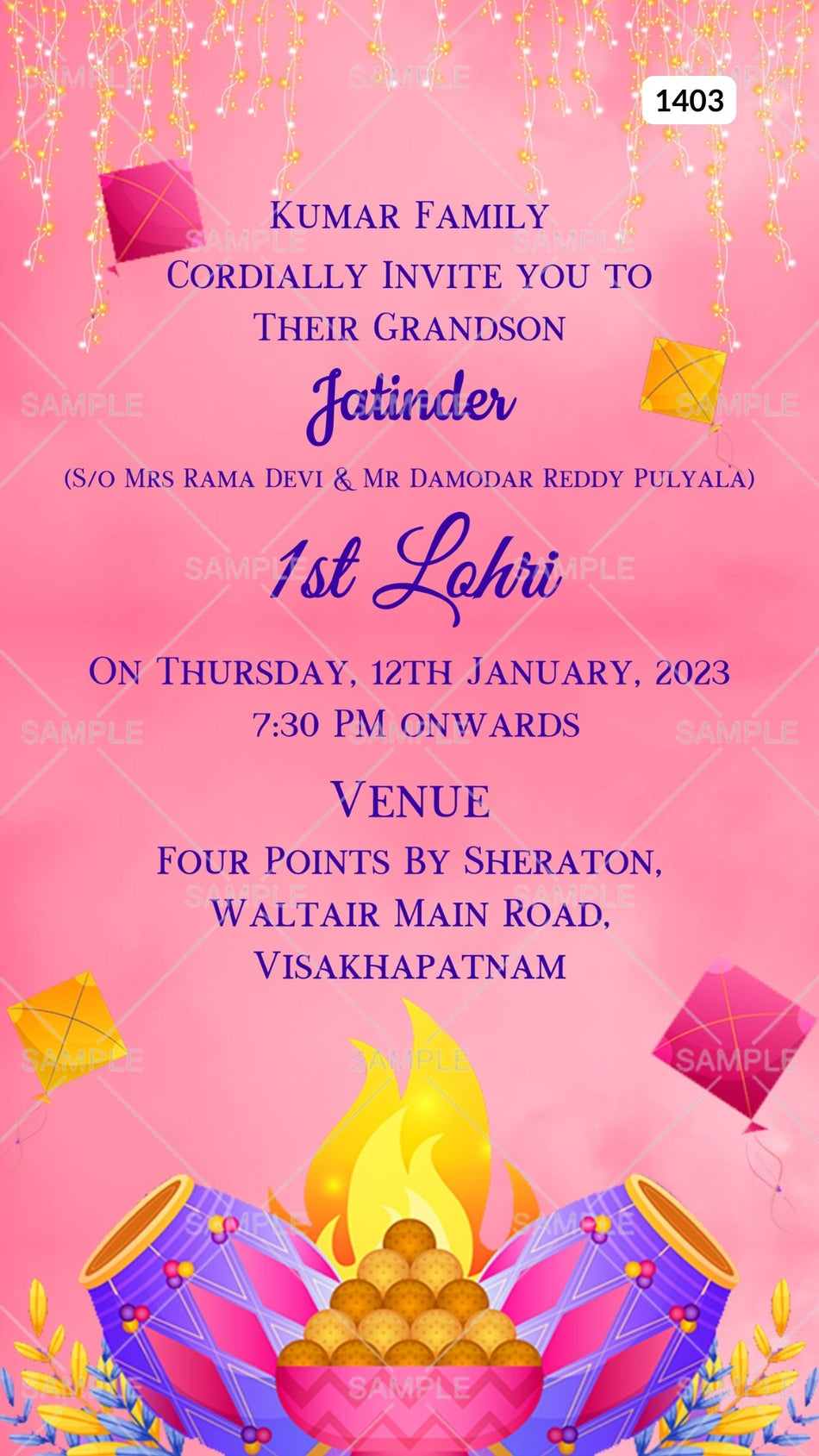 Lohri invitation card Canva Editable Template in english language with lights, kites, bonfire, dholki, leaves, sweets as minimalistic theme design 1403