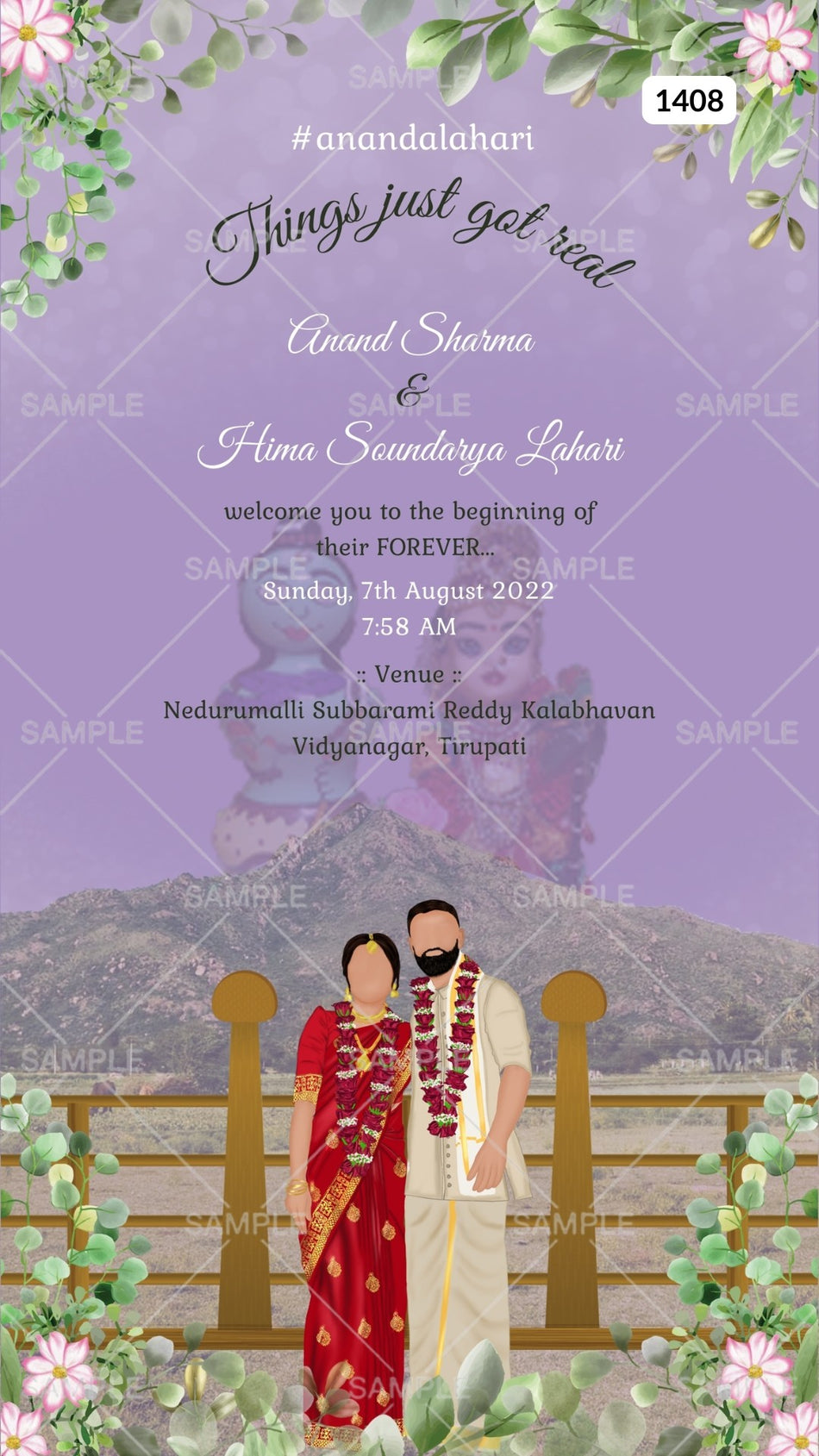 Wedding ceremony invitation card Canva Editable Template of Hindu south indian telugu family in english language with floral and mountain theme design 1408