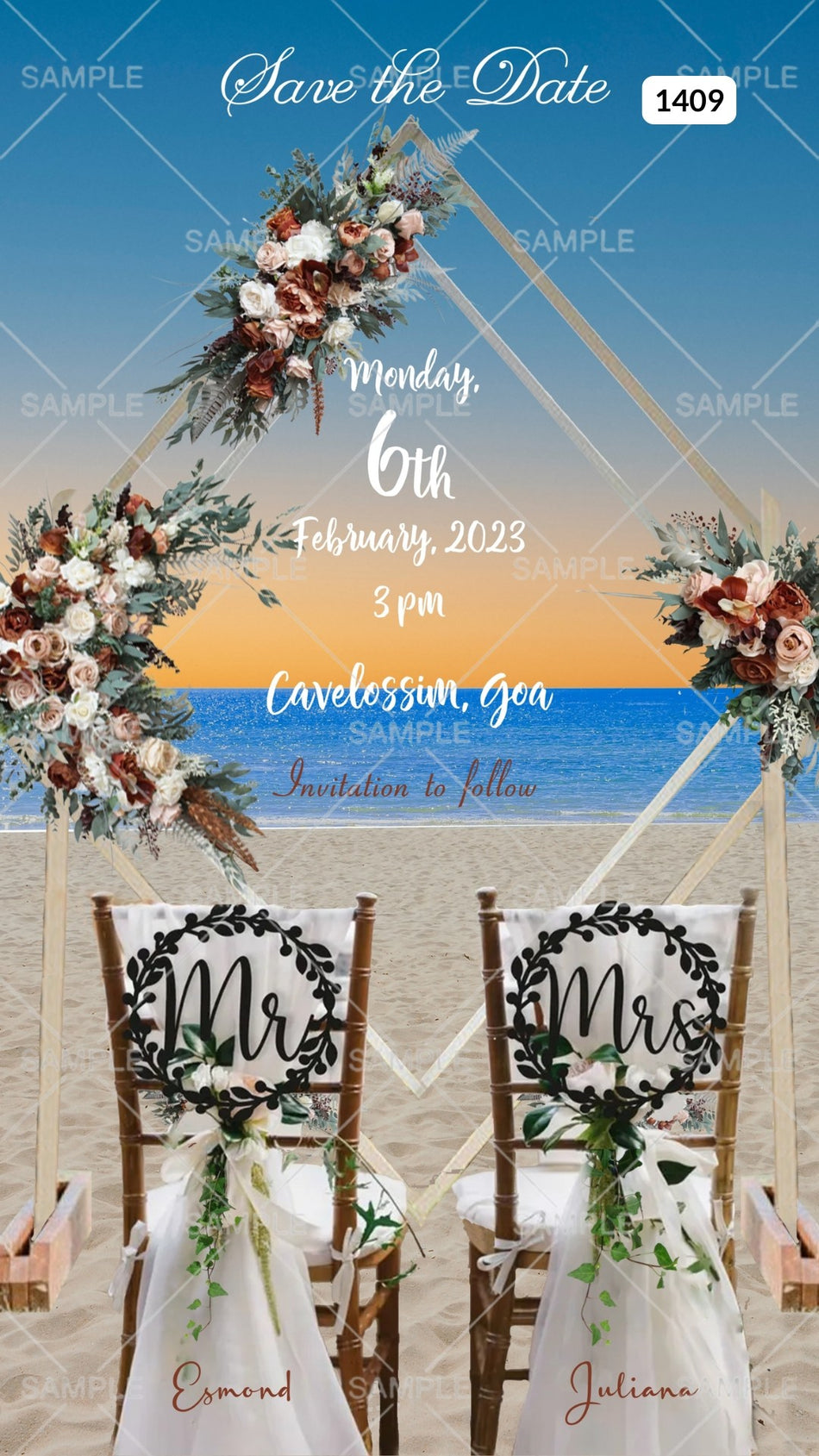 Save the Date card Canva Editable Template in english language with frame, flowers as beach theme design 1409