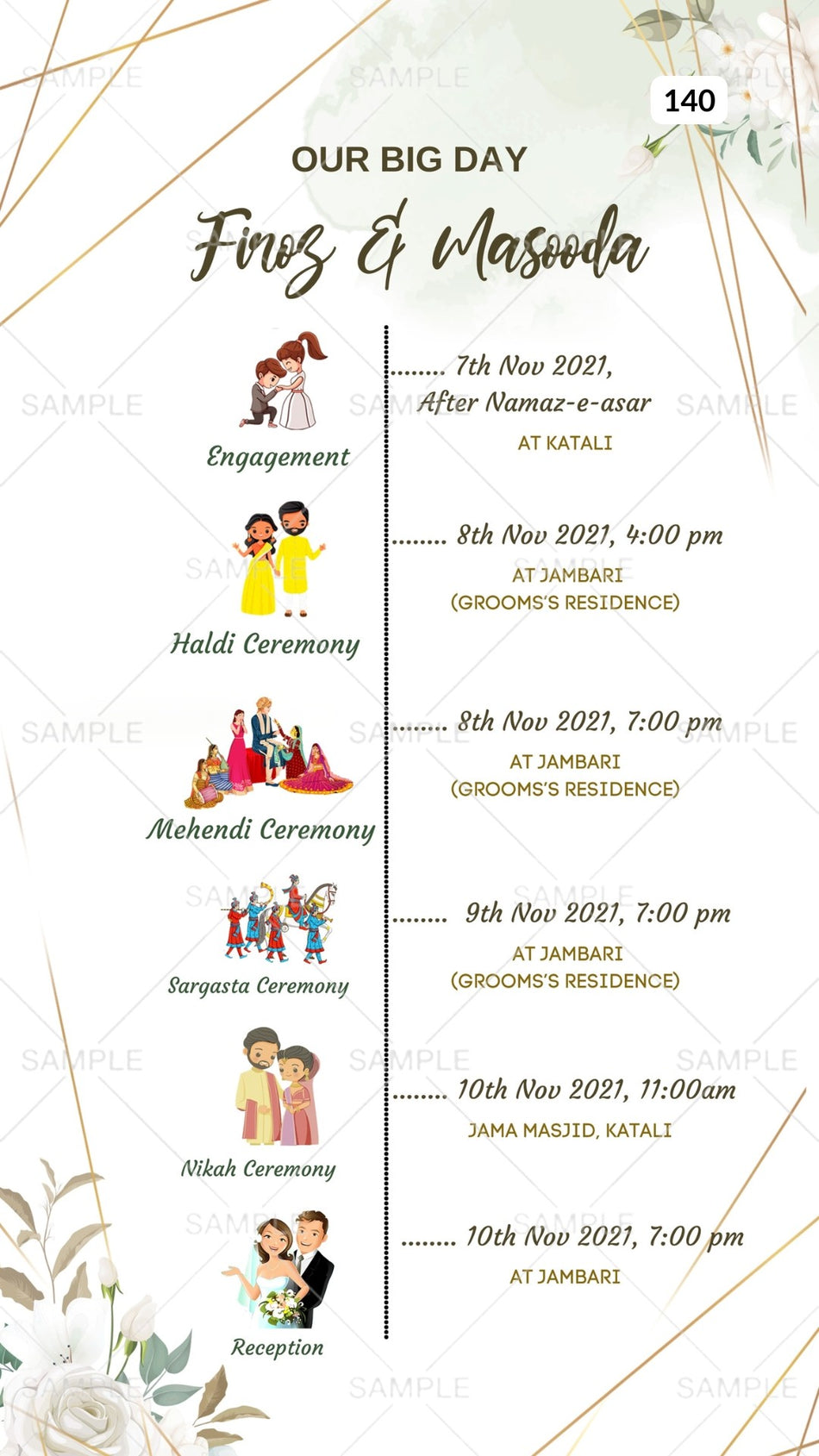 Wedding Timeline ceremony invitation card Canva Editable Template in english language with golden frame, doodle as floral theme design 140