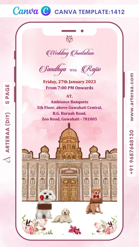 wedding ceremony invitation Canva Editable video Template of Assamese family in english language with royal theme design 1412