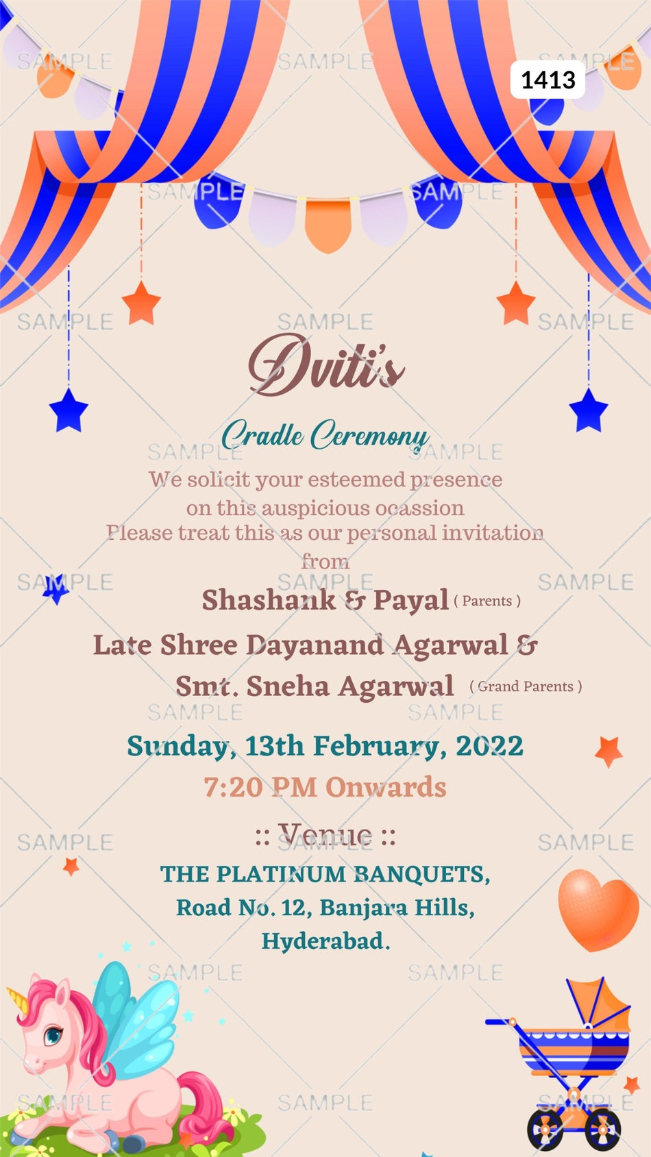Cradle ceremony invitation card Canva Editable Template for Baby girl in english language with curtains, cradle as unicorn theme design 1413