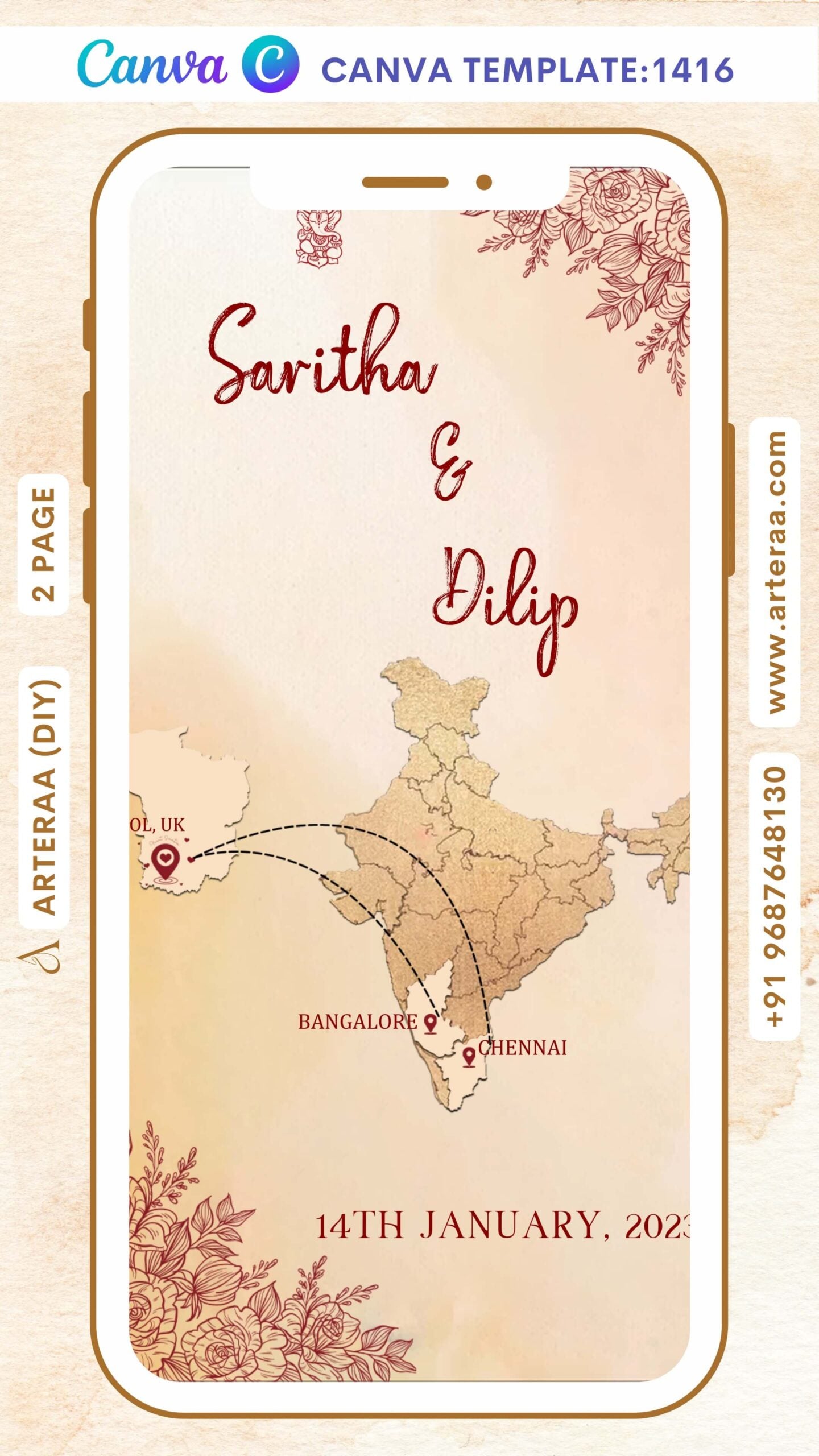 Baby Shower ceremony invitation Canva Editable video Template in english language with map, flowers as minimalistic theme design 1417