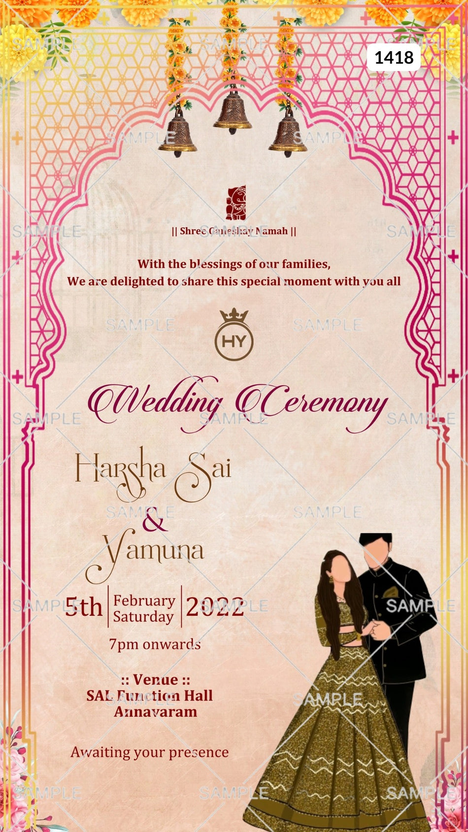 Stylish couple doodle invitation card Canva Editable Template for the wedding ceremony of Hindu south indian telugu family in english language with marigold flower and arch theme design 1418