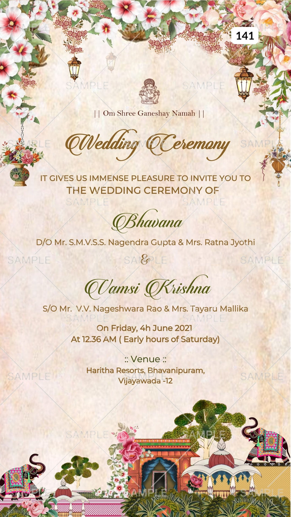 Wedding ceremony invitation card Canva Editable Template of hindu south indian telugu family in english language with floral theme design 141