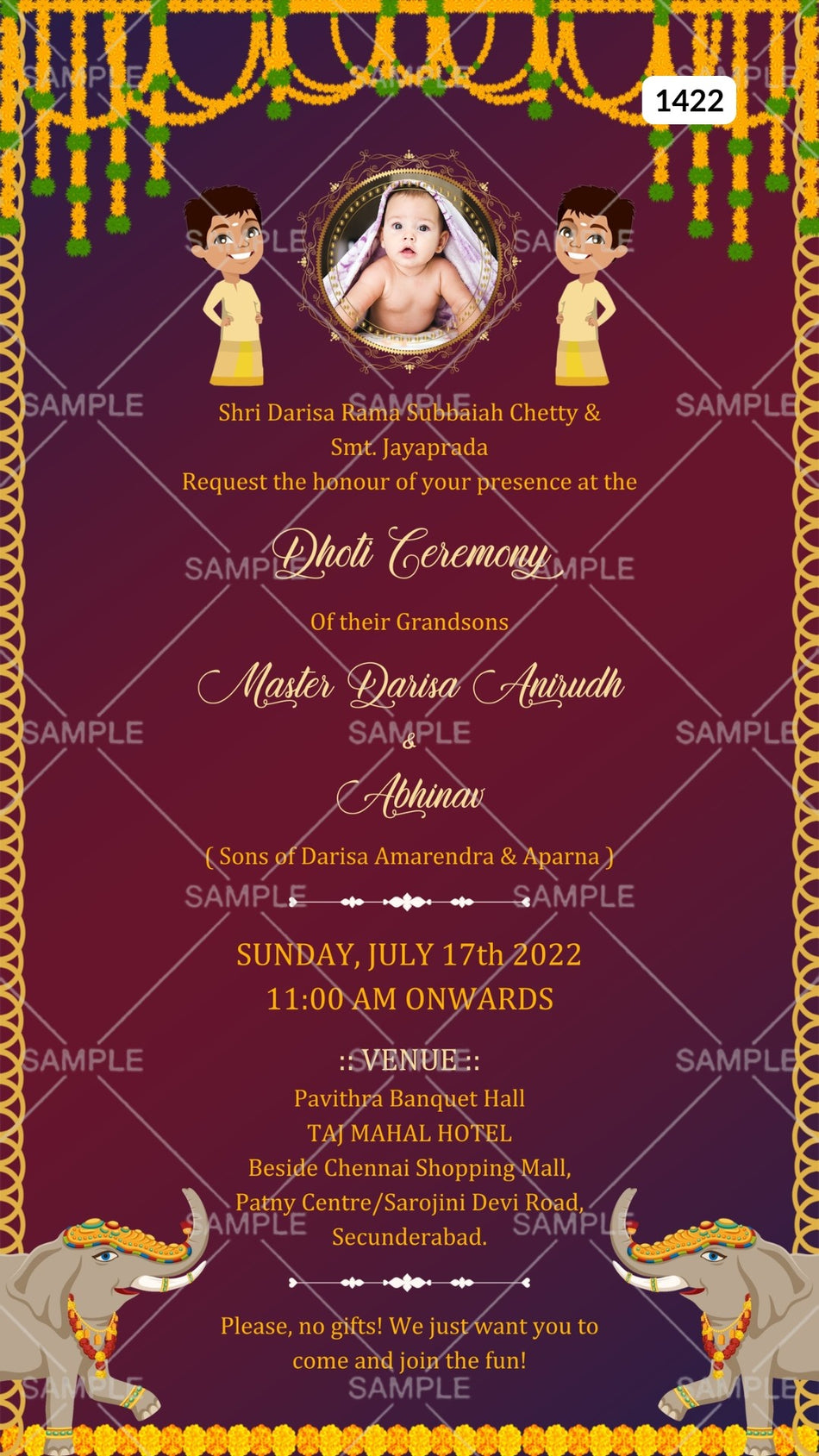 Dhoti ceremony invitation card Canva Editable Template in english language with elephant, baby photo as traditional theme design 1422