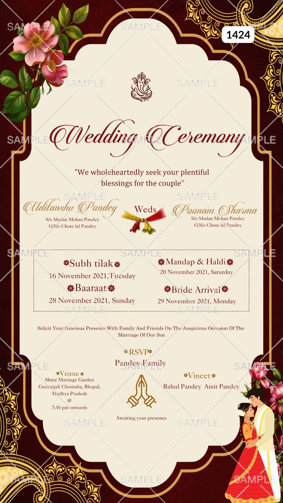Wedding ceremony invitation card Canva Editable Template of hindu north indian family in english language with  Arch theme design 1424