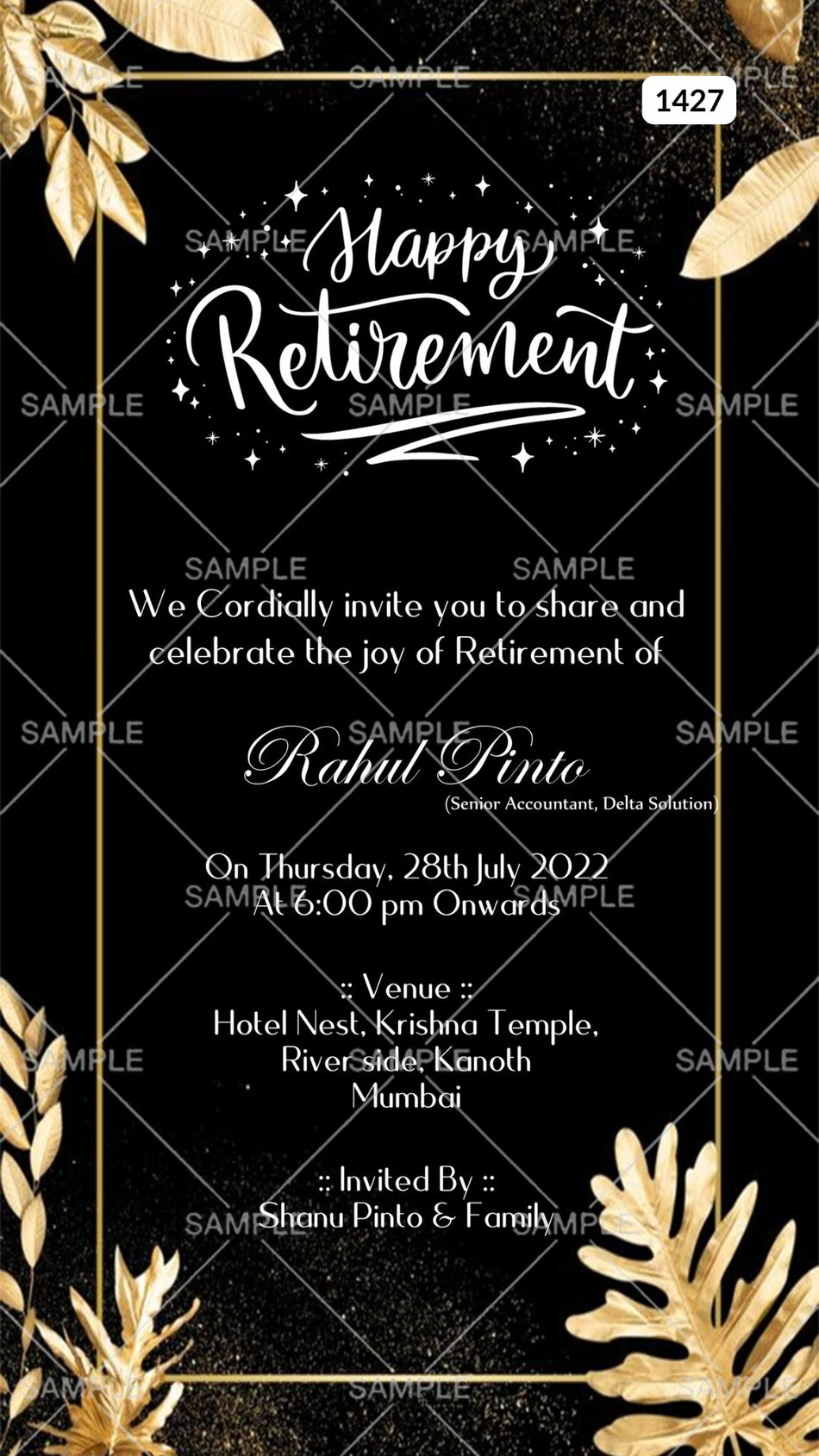 Retirement Party invitation card Canva Editable Template in english language with frame, golden leaves as glittery theme design 1427