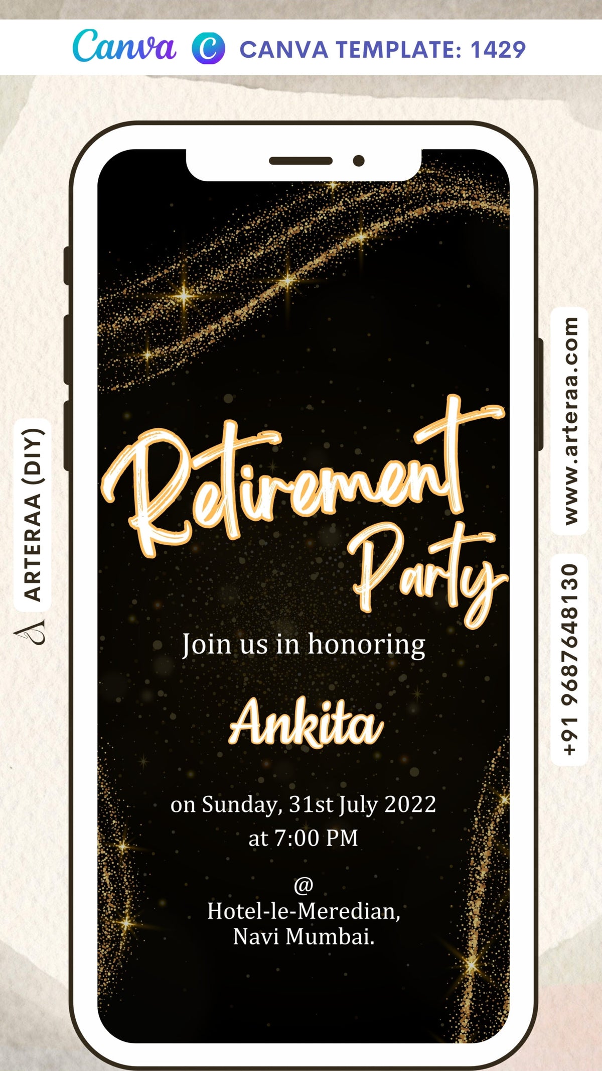 Retirement Party invitation card Canva Editable Template in english language with glittery theme design 1429
