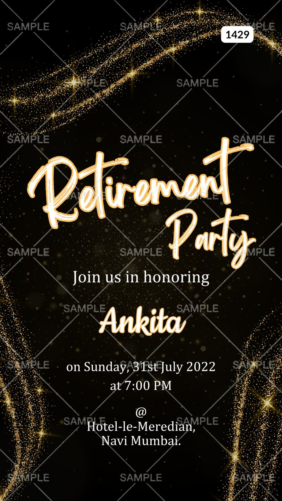 Retirement Party invitation card Canva Editable Template in english language with glittery theme design 1429