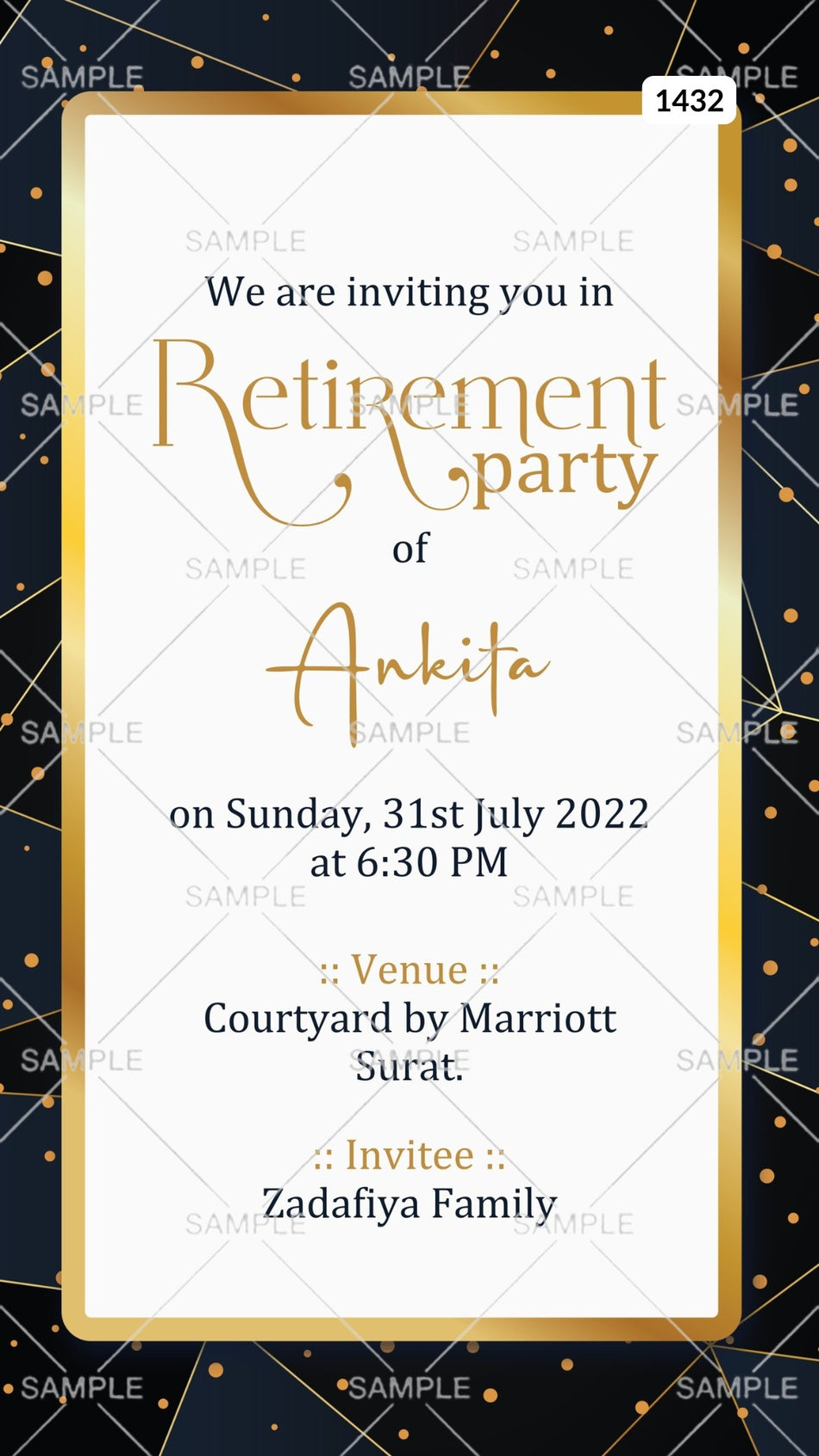 Retirement Party invitation card Canva Editable Template in english language with frame as glittery theme design 1432