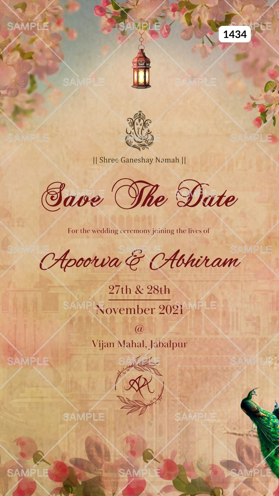 Save the Date card Canva Editable Template in english language with couple logo, peacock as vintage theme design 1434