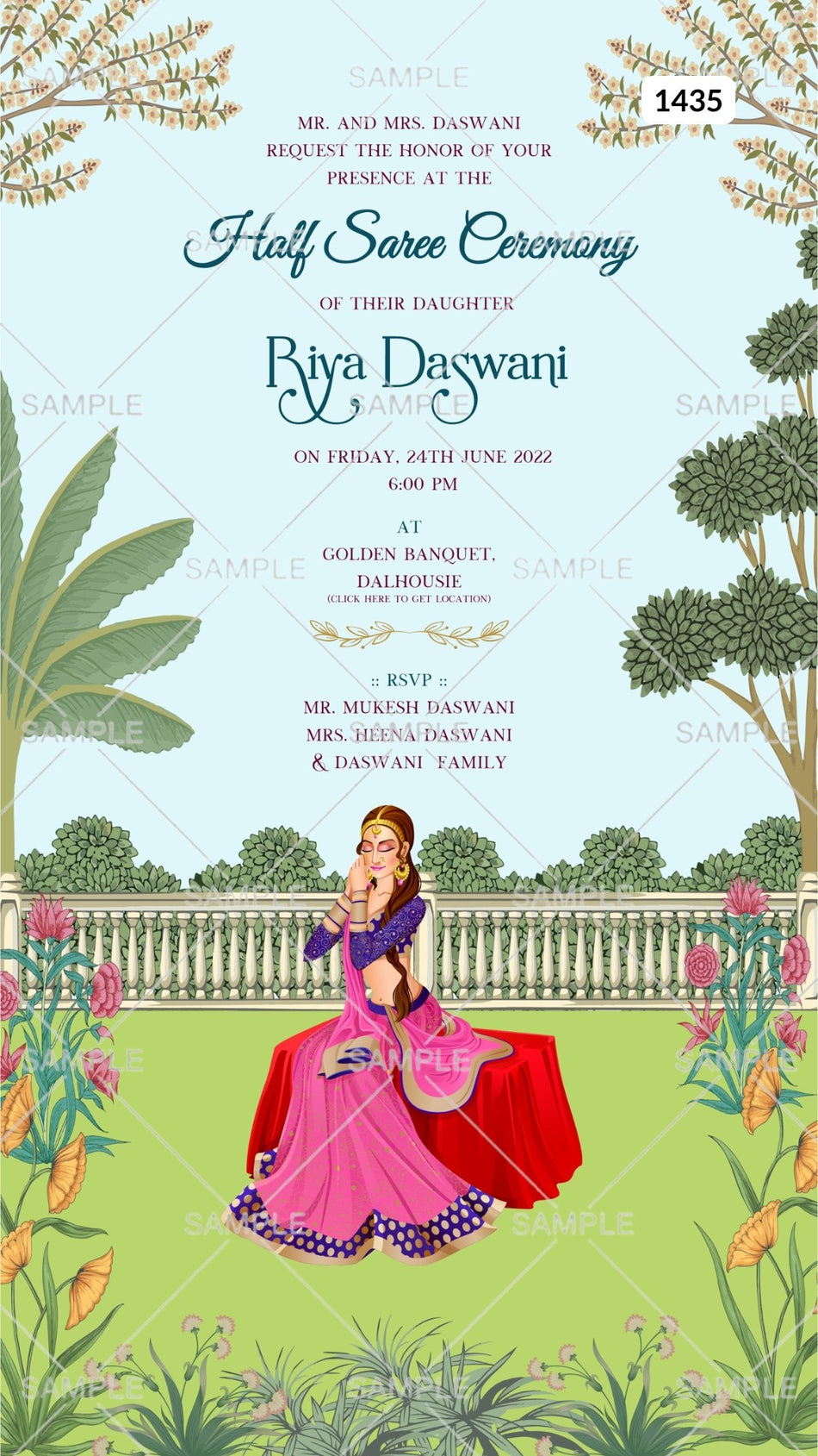 Half Saree ceremony invitation card Canva Editable Template in english language with garden theme design 1435