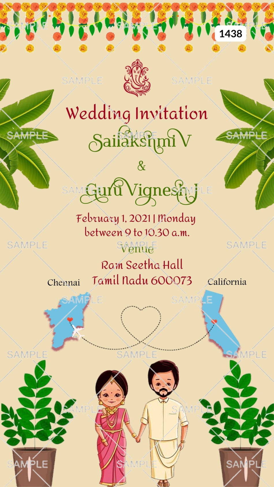 Wedding ceremony invitation card Canva Editable Template of hindu south indian tamil family in english language with  two countries theme design 1438
