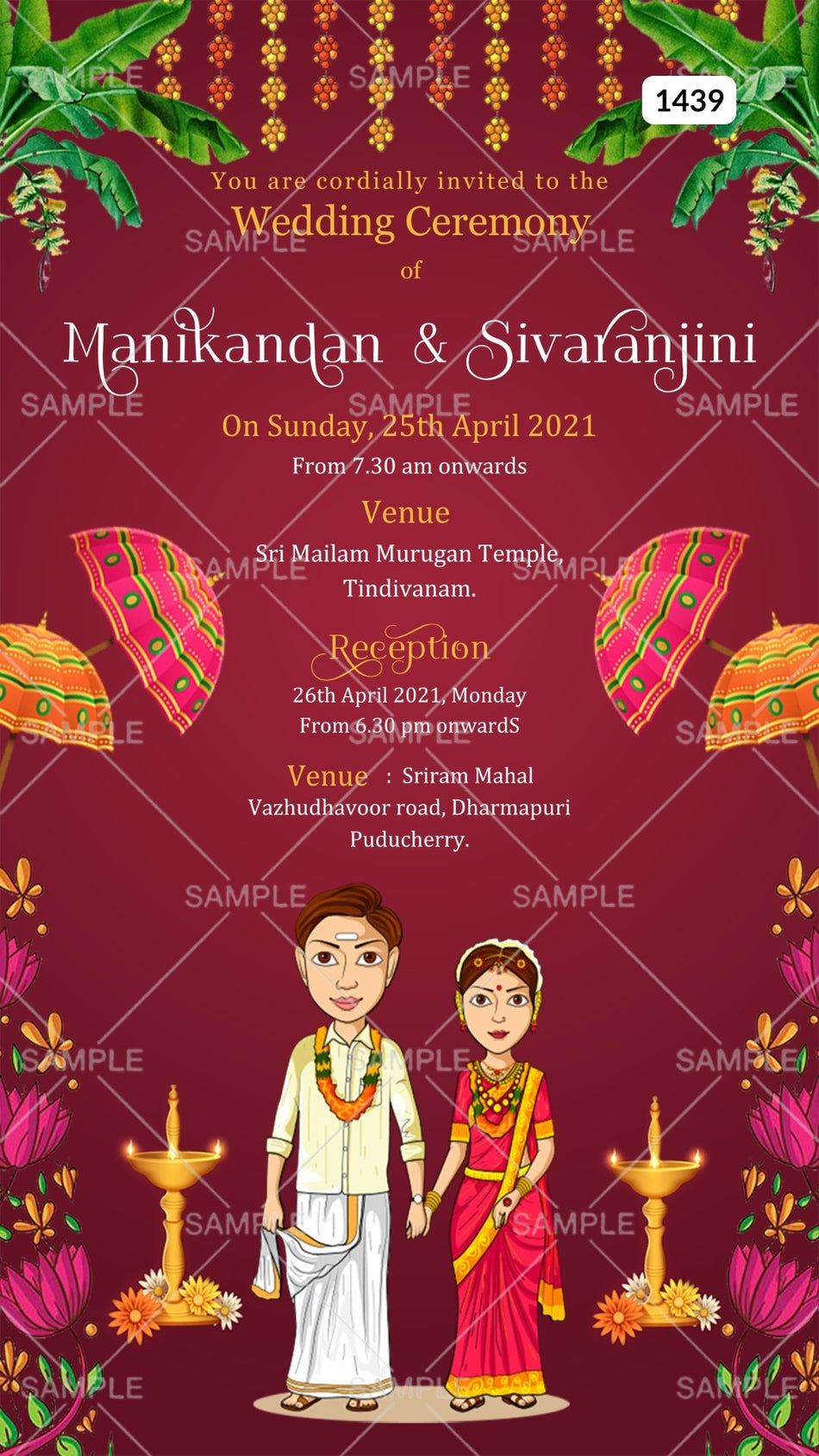 Wedding ceremony invitation card Canva Editable Template of hindu hindu south indian family in english language with  traditional theme design 1439
