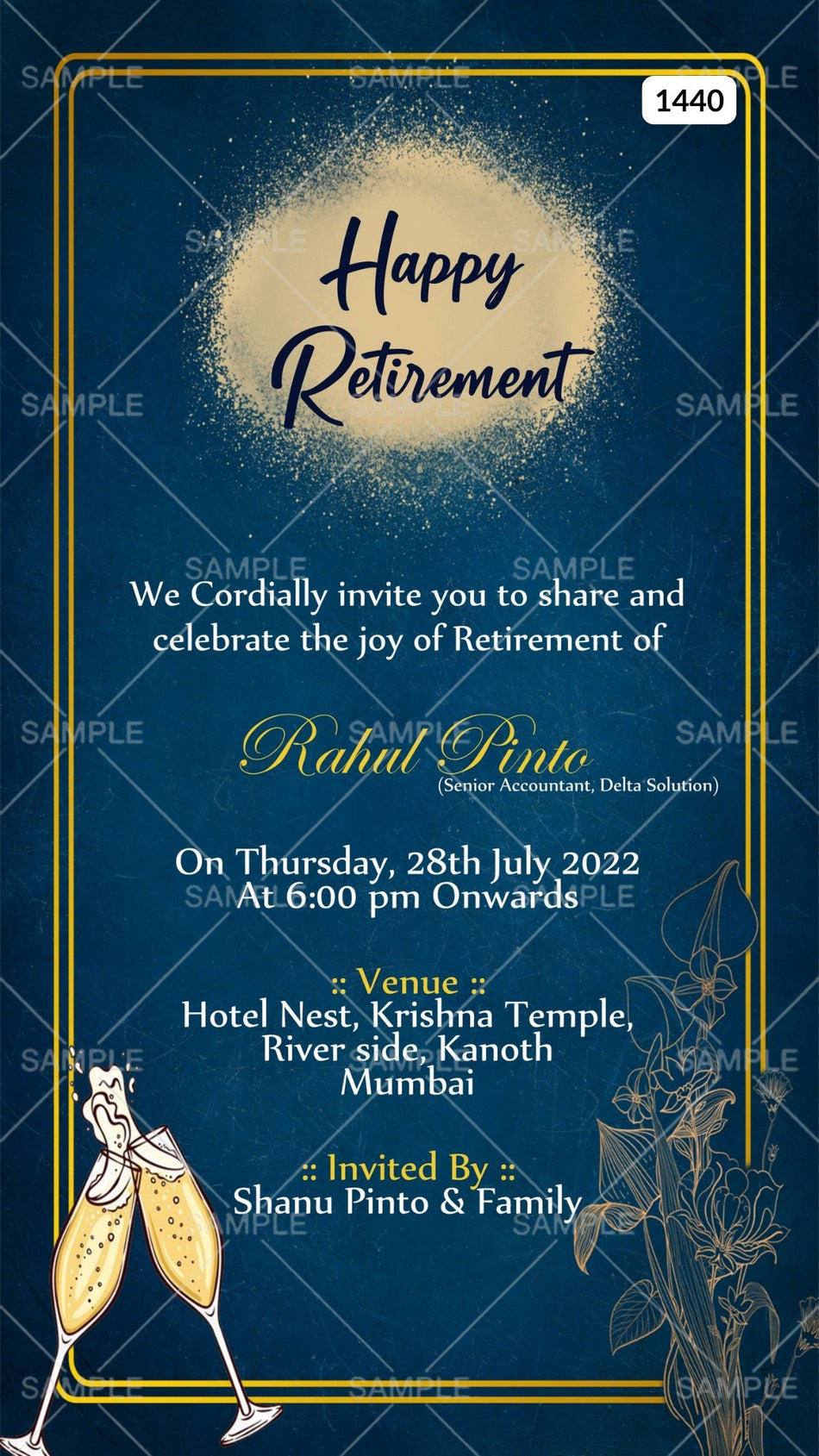 Retirement Party invitation card Canva Editable Template in english language with frame as glittery theme design 1440