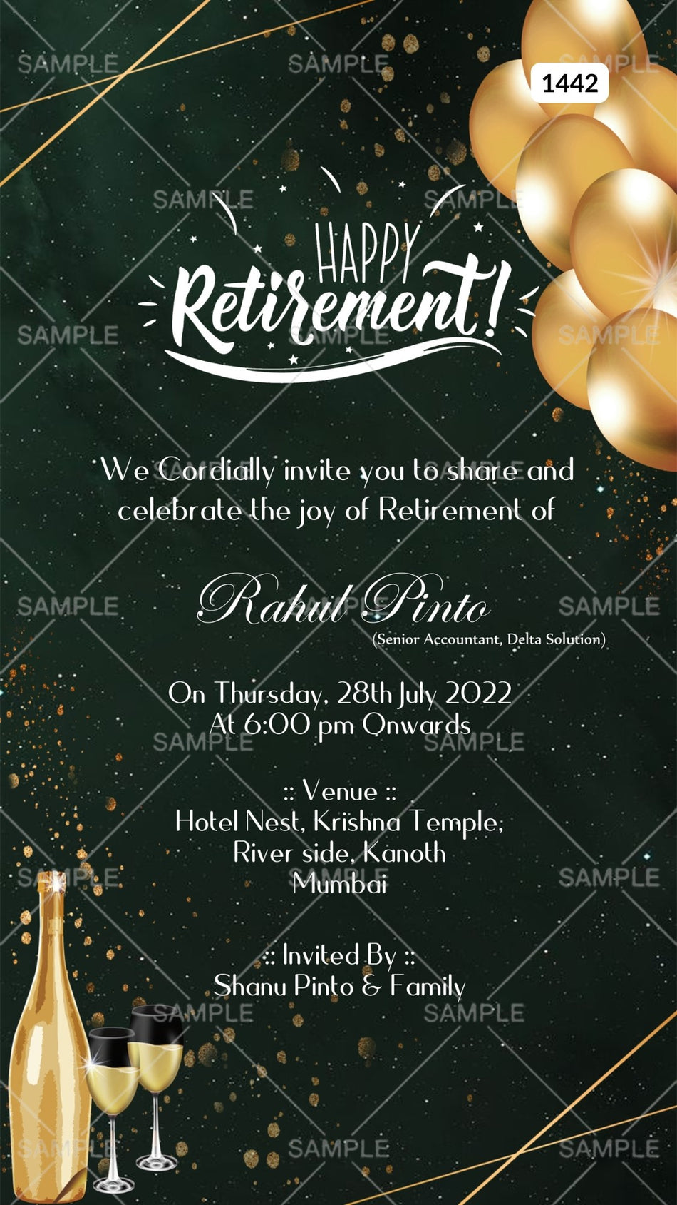 Retirement Party invitation card Canva Editable Template in english language with glitter as balloons theme design 1442